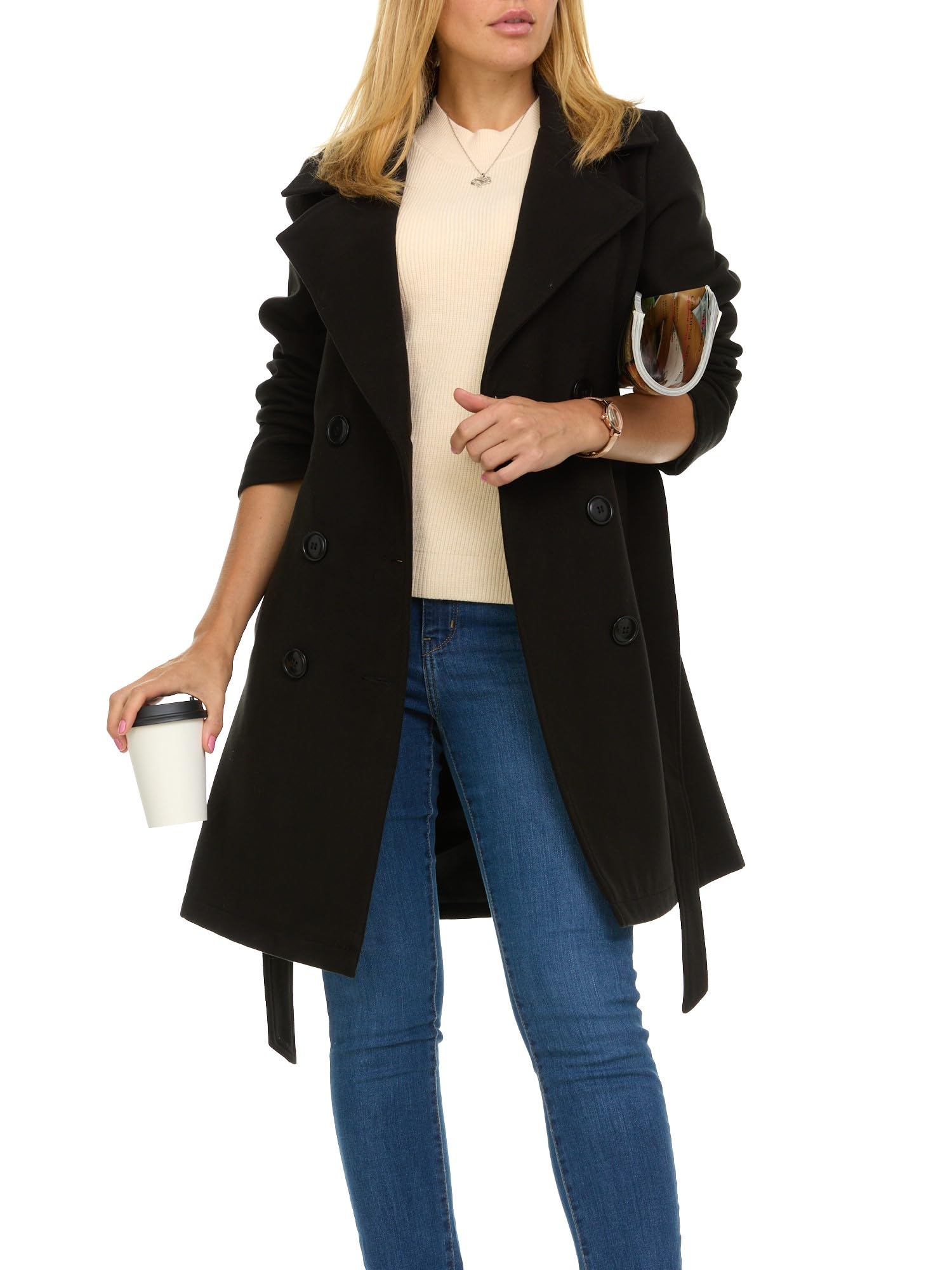 Steve Madden Trench Coat for Women – Double-Breasted Long Winter Faux Wool Coat