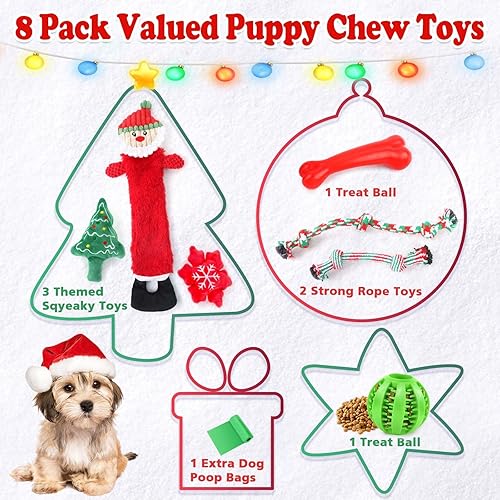 Miniatura 2 de Juguetes navideños para perros, paquete de 8 unidades  Santa chirriante de felpa masticable para cachorros, cuerda interactiva duradera para