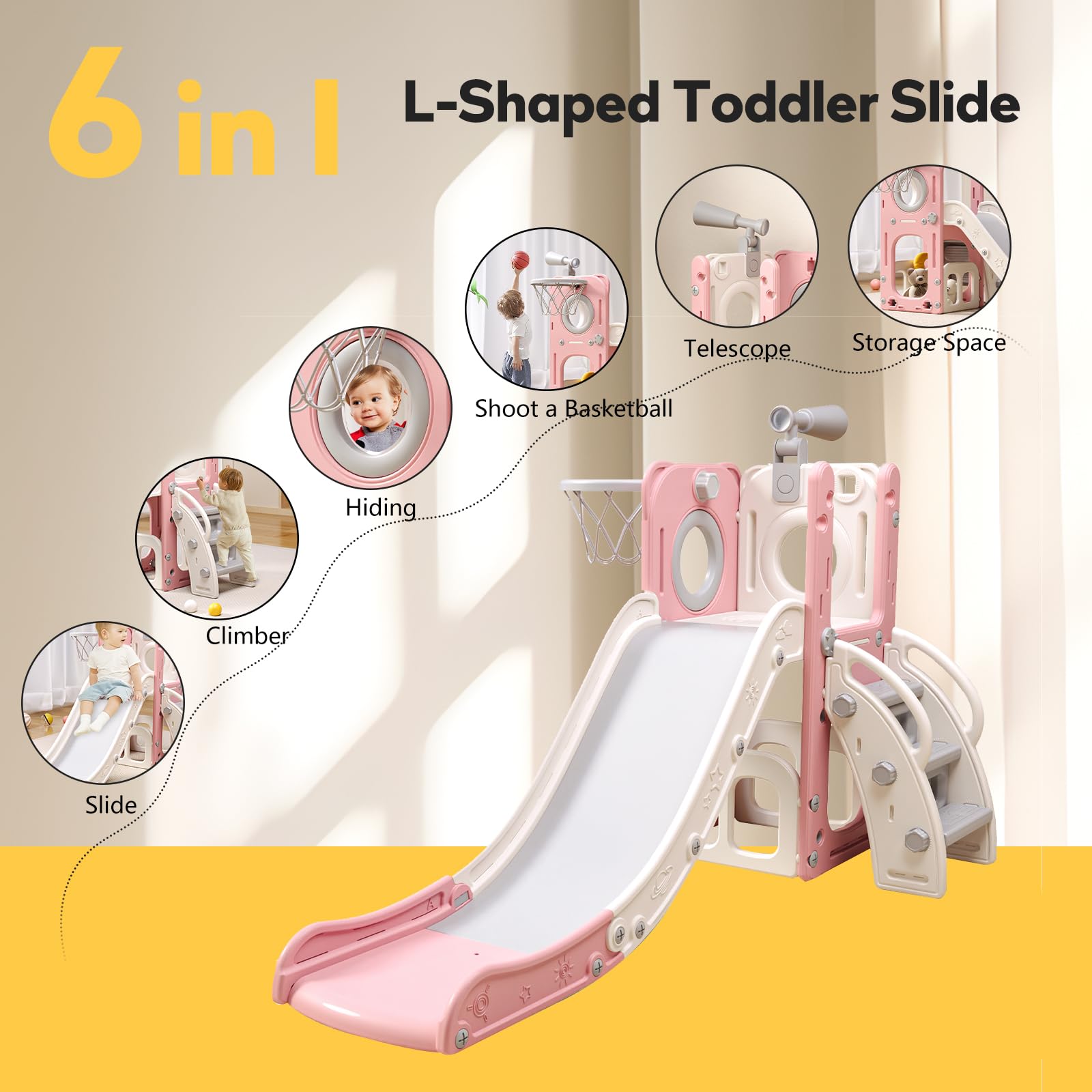 6 in 1 Toddler Playset with Slide, Kids Slide with Basketball Hoop, Ball, Ring Toss, Indoor Outdoor Toys (Pink White)