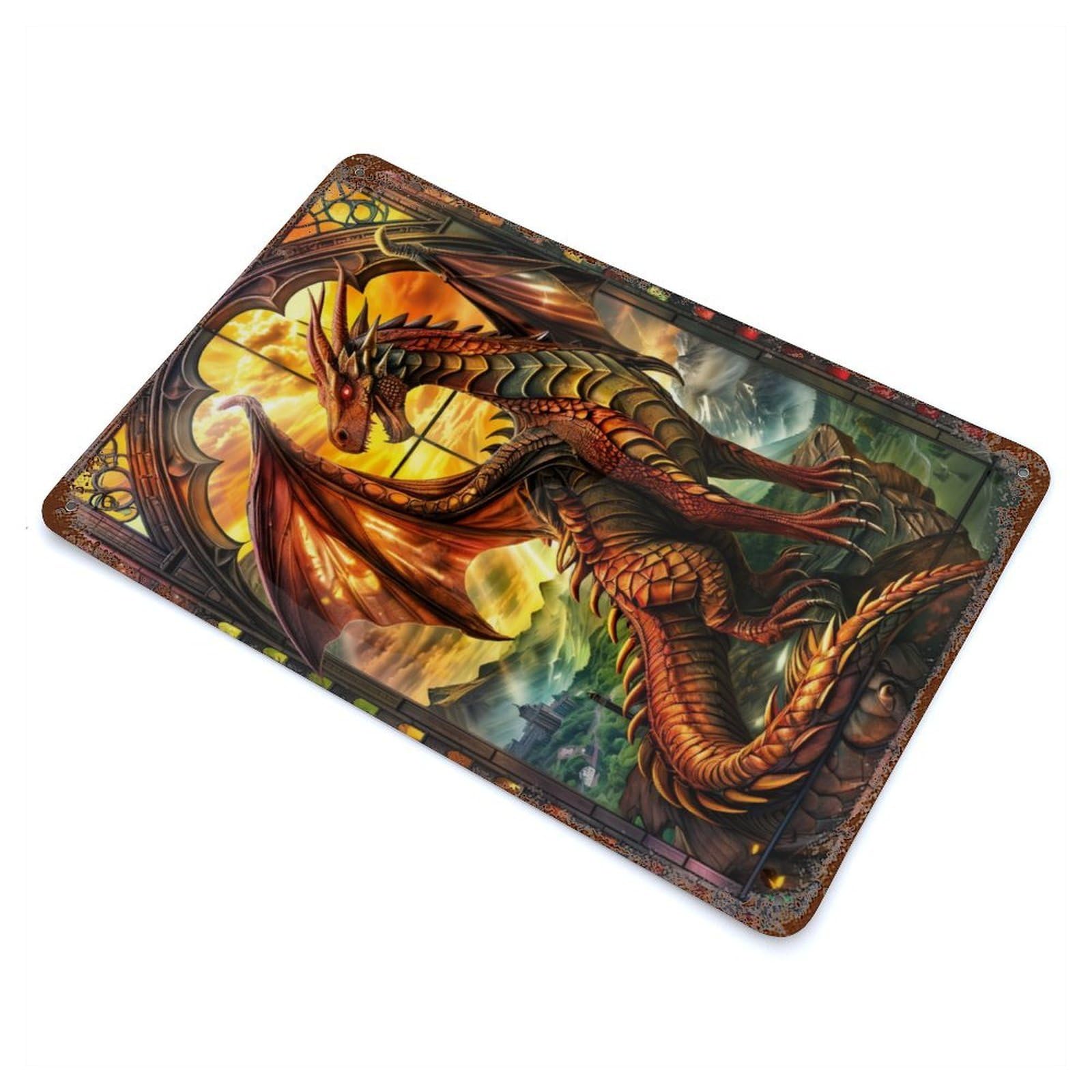 Serene Stained Dragon Decorative Tin Sign 11.8"x7.9", for Bistro, Counter And Cafe Decor, Retro Wall Decor