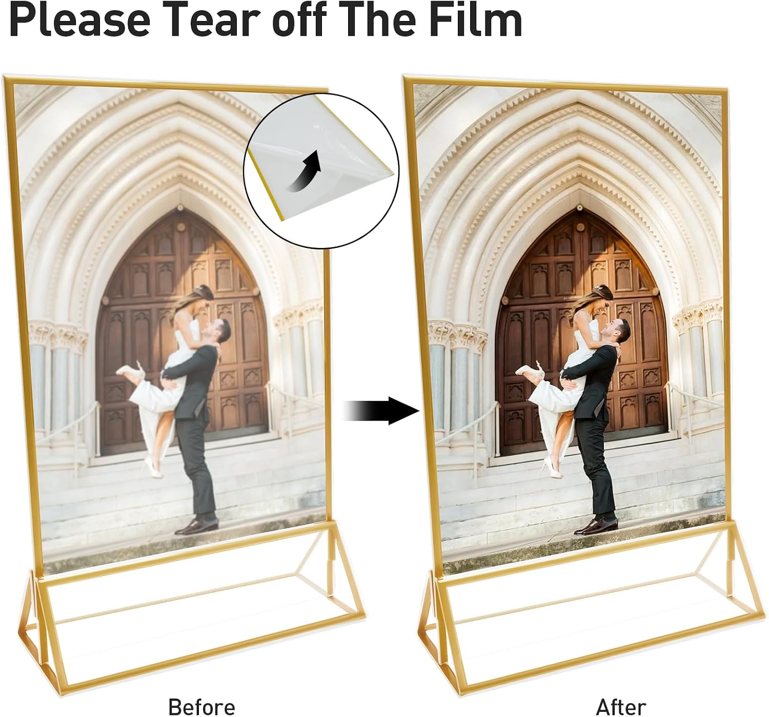 12 Pack Gold Acrylic Sign Holder 5.3x8.7 Wedding Table Numbers Holder With Vertical Gold Borders Double Sided Display Picture Frame Clear Display Stand for Wedding Party,Restaurant Sign