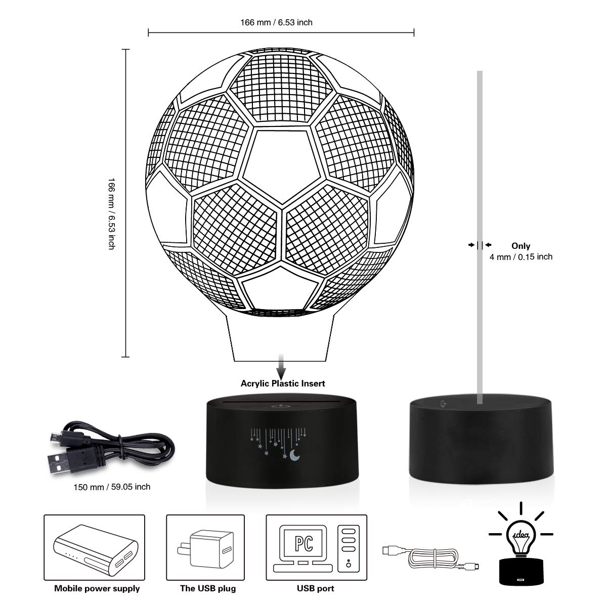 Lampada 3D A Forma Di Pallone Da Calcio - Luce Notturna LED Con 16 Colori, Telecomando E Alimentazione USB/Batterie - Foto 5