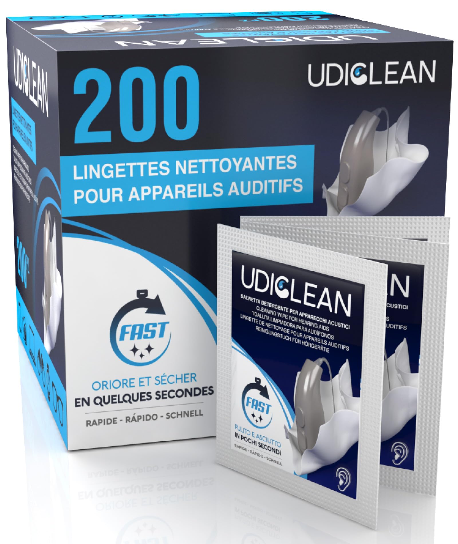 200 lingettes nettoyantes pour appareils auditifs Udiclean humidifiées à séchage rapide emballées individuellement éliminent la sueur le cérumen et la saleté