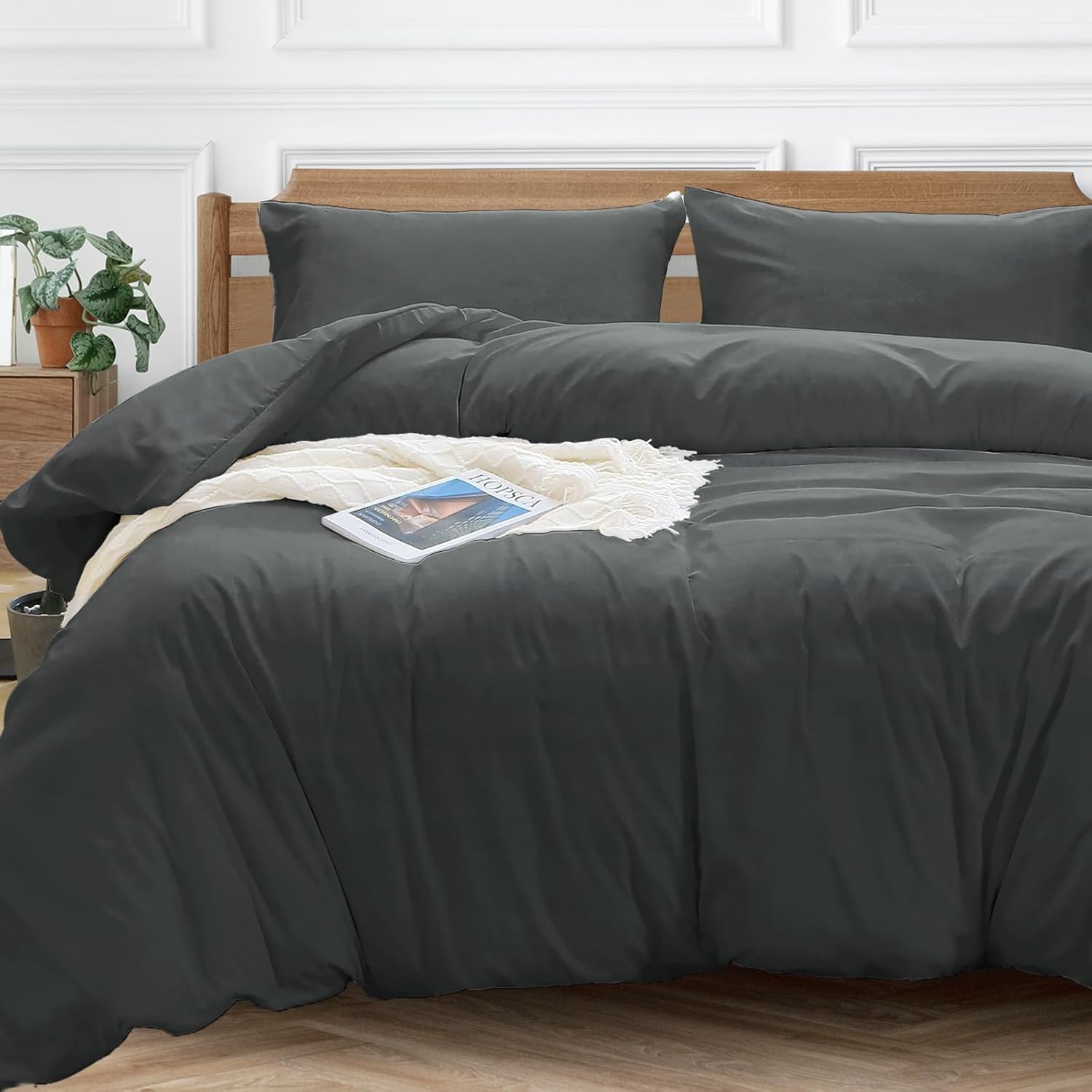 MUXHOMO Dark Grey Duvet Cover Full Size, Soft Warm Brushed Microfiber