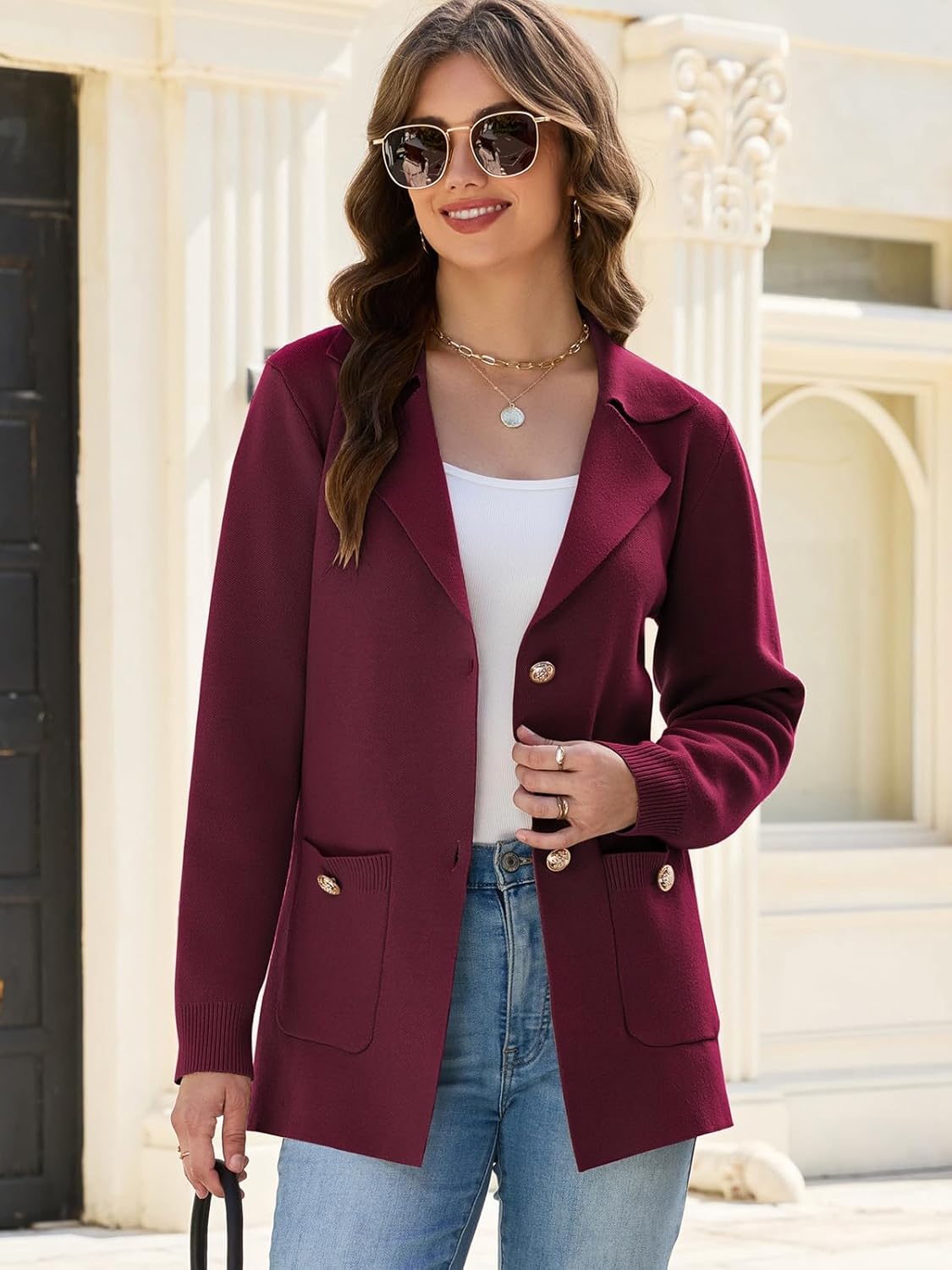 HOUZONIY Sweater Blazers for Women Business Casual Long Sleeve Open Front Lapel Suit Jackets Work Soft Blazer with Pockets - Image 3