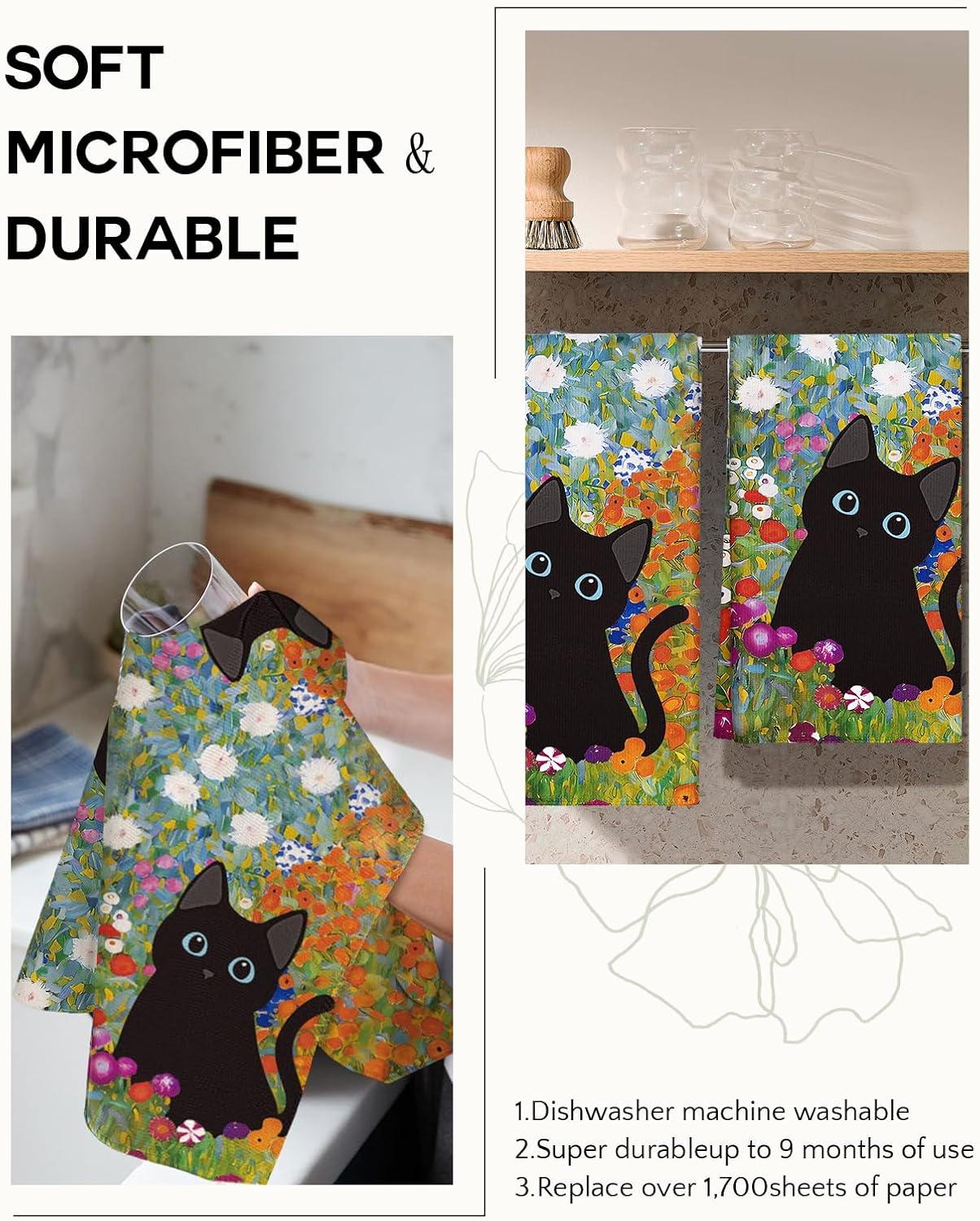 Cute Kitchen Towels Set of 2 - Dish Towels 18 x 26 Inch Microfiber Tea Towel for Home Decorative Black Cat Flower Spring Farmhouse Soft Reusable & Absorbent Aesthetic Vintage Design - Image 4