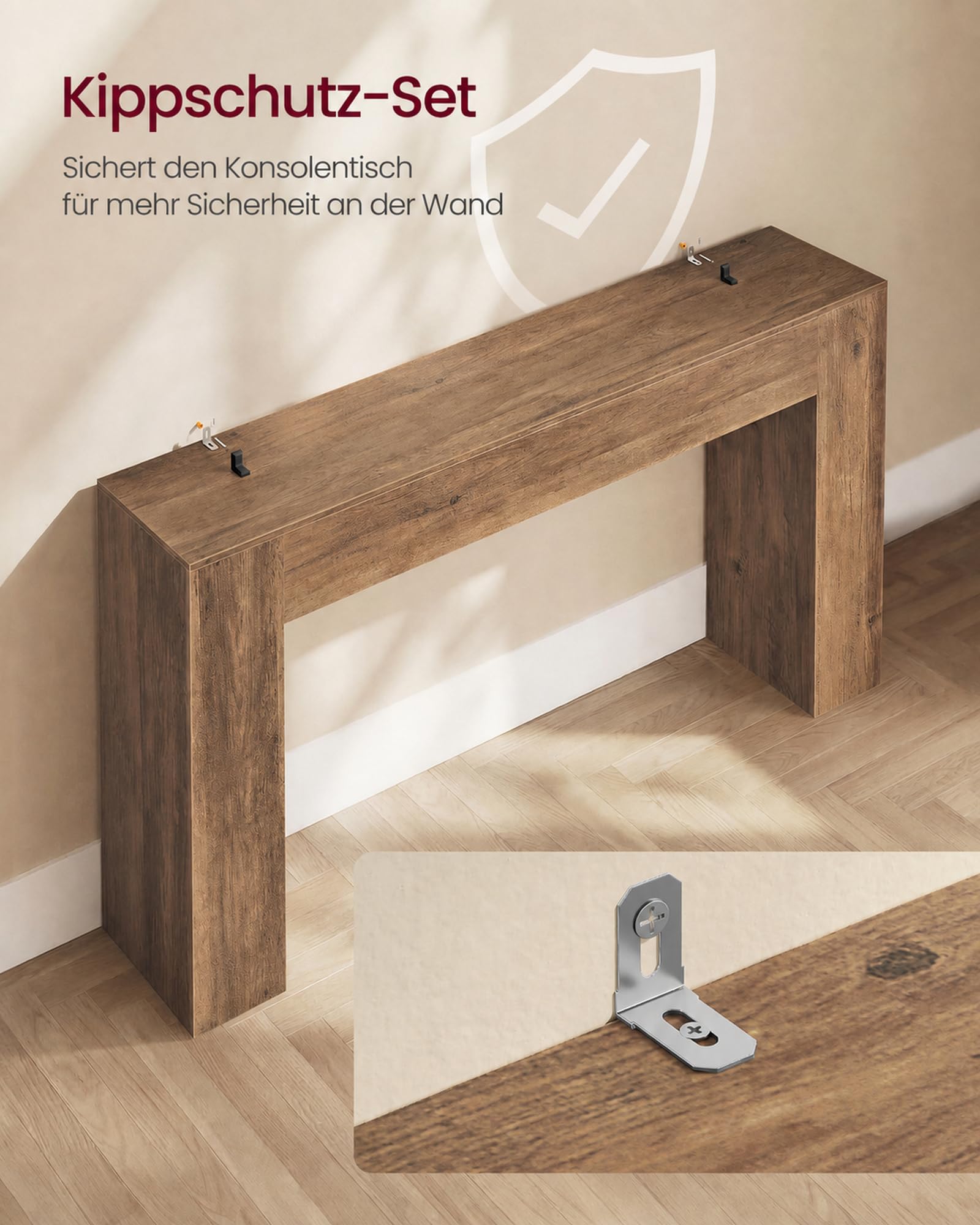 VASAGLE Konsolentisch aus Spanplatte, schmaler Flurtisch in U-Form, 120 x 30 x 80 cm, Honigbraun, für Eingangsbereich und Wohnzimmer, Koni Kollektion LNT144KB01