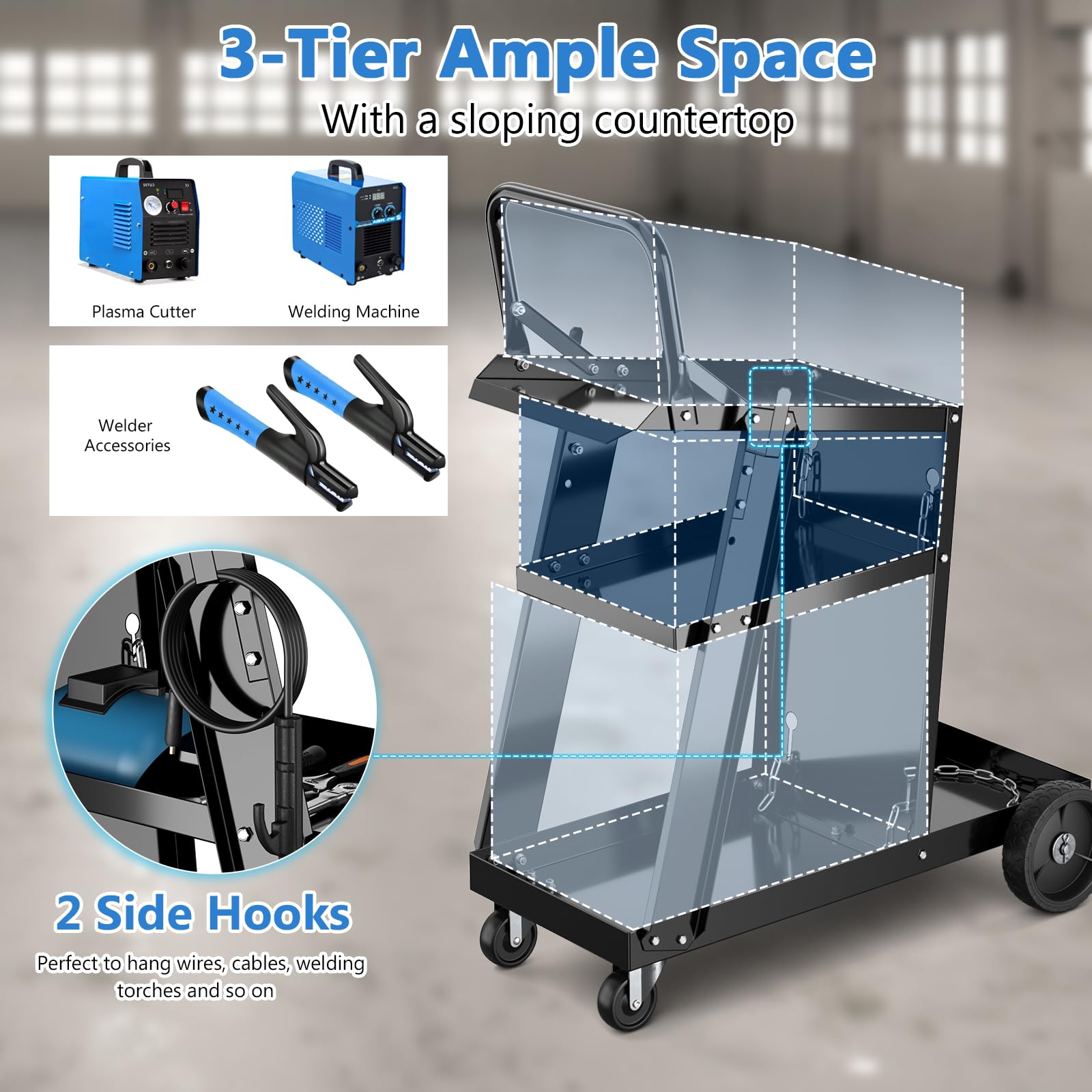 SOARS - Carro de taller para almacenamiento de herramientas de 3 niveles, con 2 cadenas de seguridad y bandeja inferior, 2 ganchos laterales, carga 50 kg, 70 x 38 x 87 cm, para taller, garaje