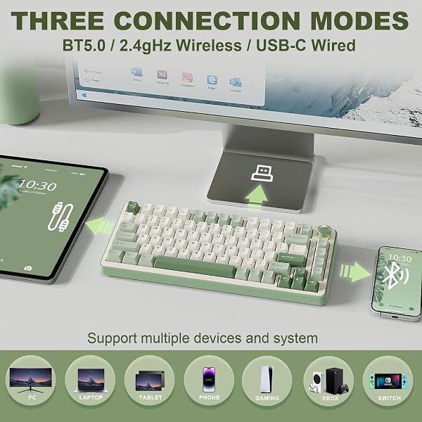 YUNZII B75 PRO Wireless Mechanical Keyboard,75% Gaming Keyboard Gasket Hot Swap Custom Keyboard with Knob,Pre-lubed Switches RGB,Bluetooth/Type-C/2.4G (Matcha Green, Milk Switch) - 3