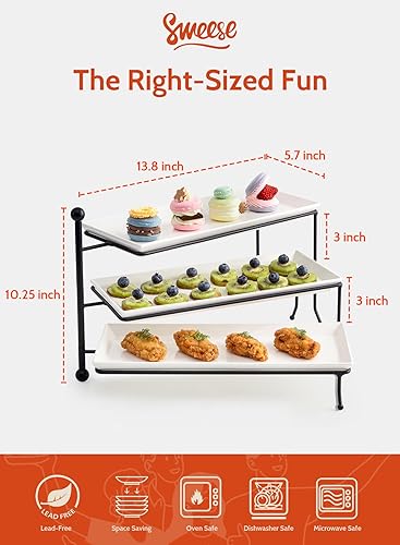 Miniatura 2 de Sweese Soporte para servir de 3 niveles, soporte rectangular plegable de exhibición de alimentos con platos de porcelana blanca, bandejas para
