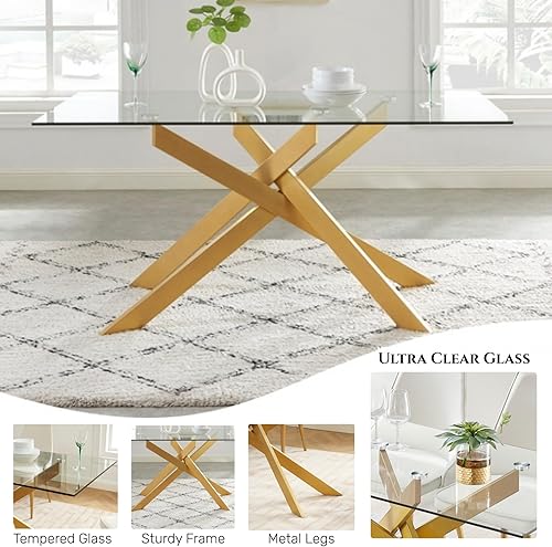 Miniatura 4 de Edwin's Choice 58.5” Rectangle Glass Dining Table, Tempered Glass Table Top and Metal Tubular Legs, Modern Style Table for Home, Kitchen, Dining