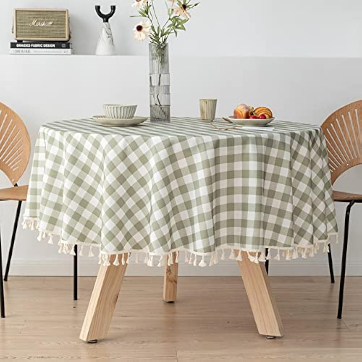 Square Lattice Small Tablecloth Cotton Linen Light Brown Dust-Proof Washable Boho Embroidery Table Cover Rustic Table Cloth for Coffee Party Kitchen Dining Tabletop Decoration 47 * 47 Inch