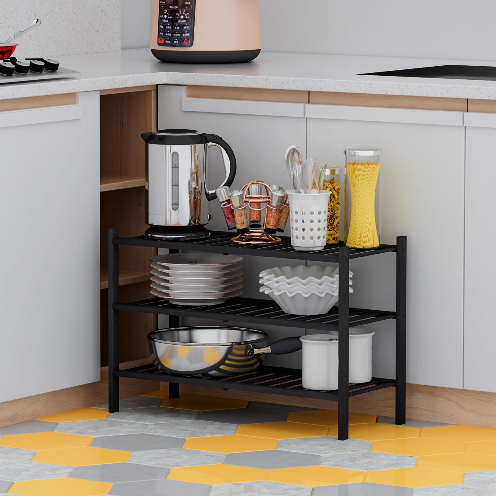Kitsanery Bambus-schuhregal platzsparend,Schuhständer mit 3 Ebenen,Schuh Regal für Flur, Wohnzimmer, Schlafzimmer (Schwarz, 3 Ebenen(68.3B x 46.5H))