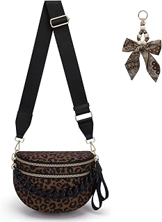 Leopard Crossbody Bag for Women Spacious Bum Bags Double Zip Fanny Packs Belt Bag with Bow and Chain