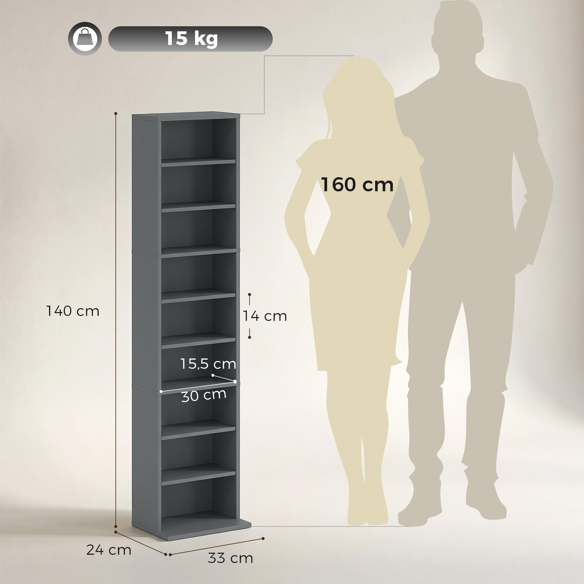 HOMCOM Portaoggetti per CD e DVD, con capacità max. 260 CD / 120 DVD, 9 scomparti e 6 ripiani regolabili, per soggiorno, camera da letto, ufficio, 33 x 24 x 140 cm, grigio
