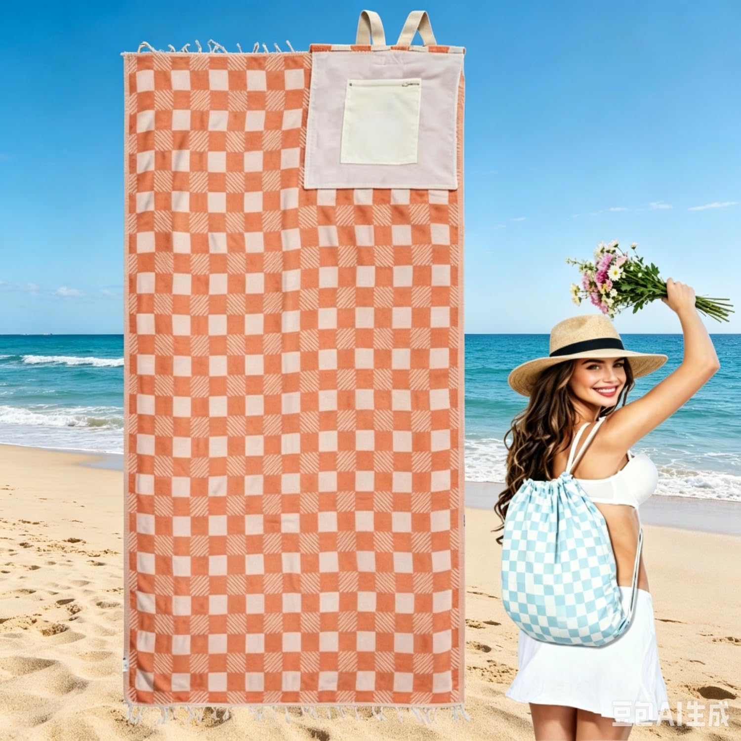 2 in 1 beach towel bag, 2-in-1 Convertible Towel & Backpack with Inner Zip Pocket & Sand-Repelling Fabric - Oversized Microfiber Wearable Beach Bag (#G) — image 1