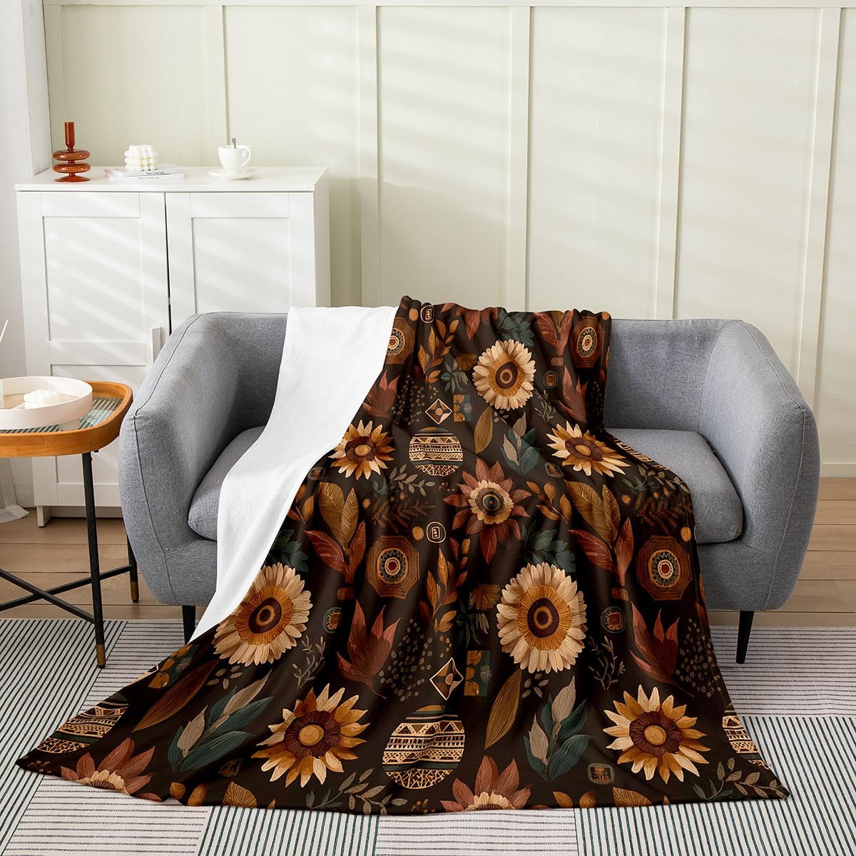 jejeloiu Floral Plush Throw Blanket Abstract Bohemian Floral Flannel Blanket Queen 90"x90" Botanical All Season Mid Century Modern Boho for Couch Bed Sofa Balck Brown Bedroom Decor
