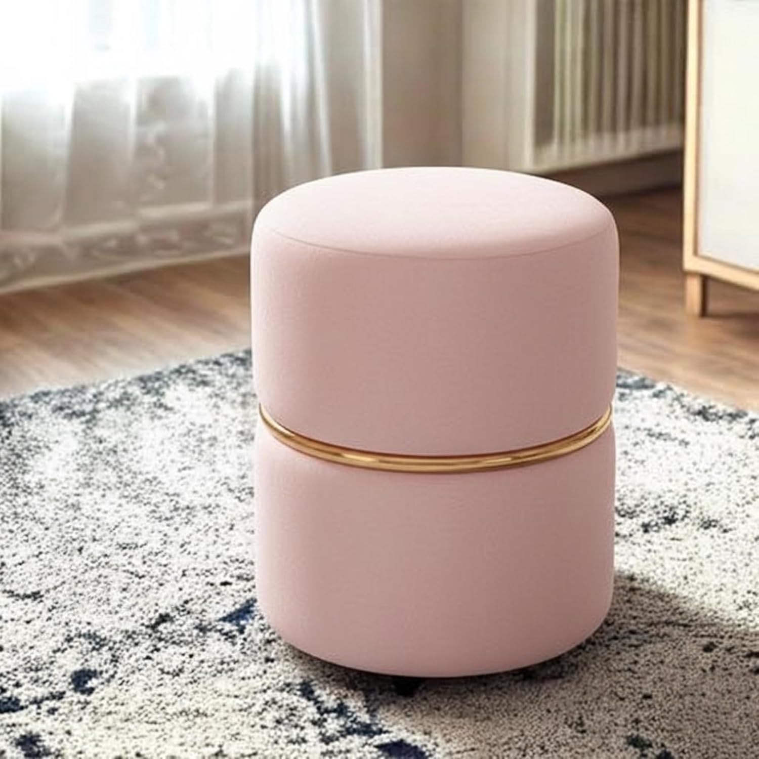 A Round Pouf Ottoman for a Living Area with a Padded seat and a Velvet and Linen footrest Pink-image-44