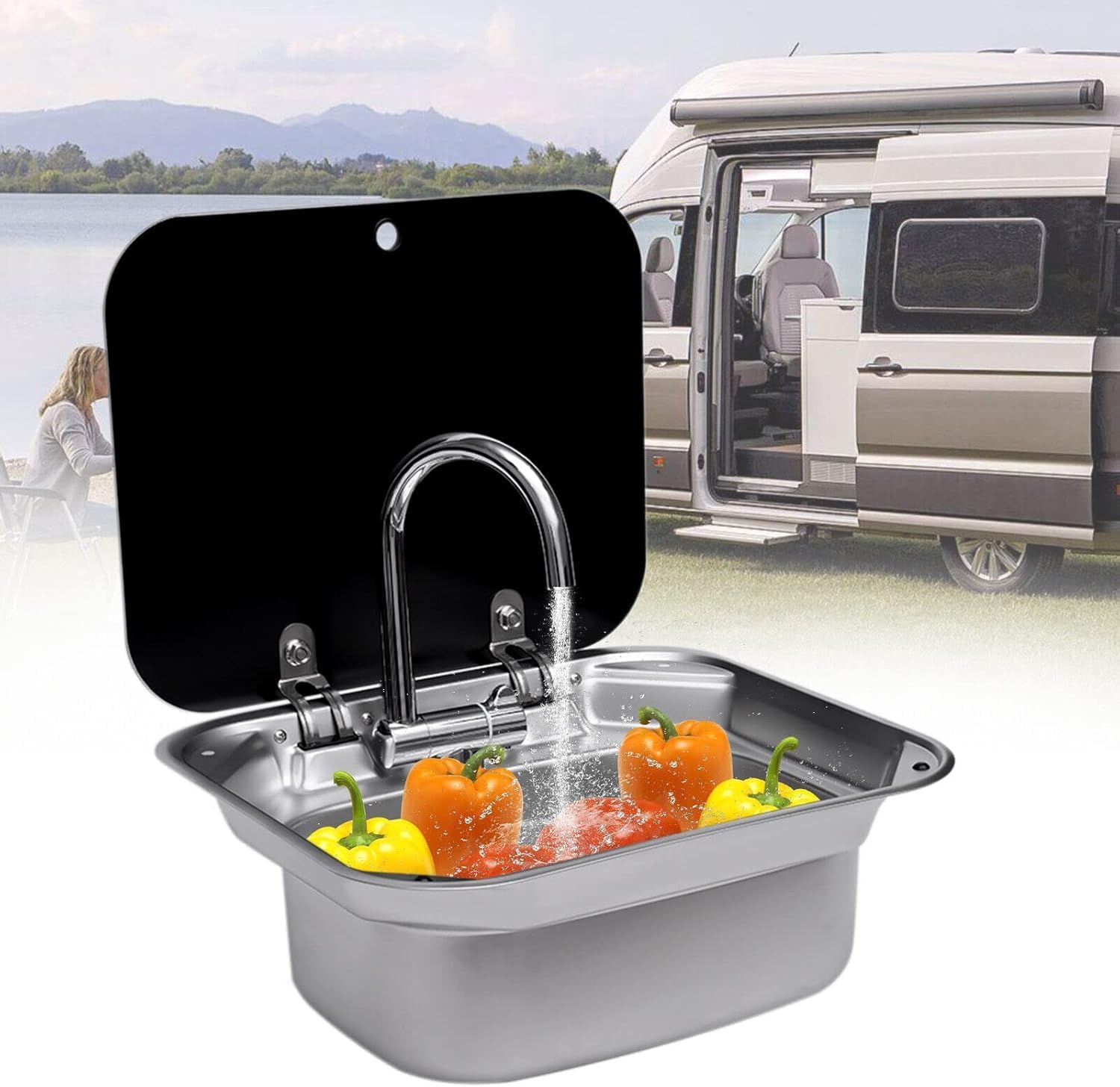 RV Kitchen Sink, RV Sink with Folding Faucet, Drain Pipe and Cover Camper Stainless Steel Sink Hand Wash Basin,