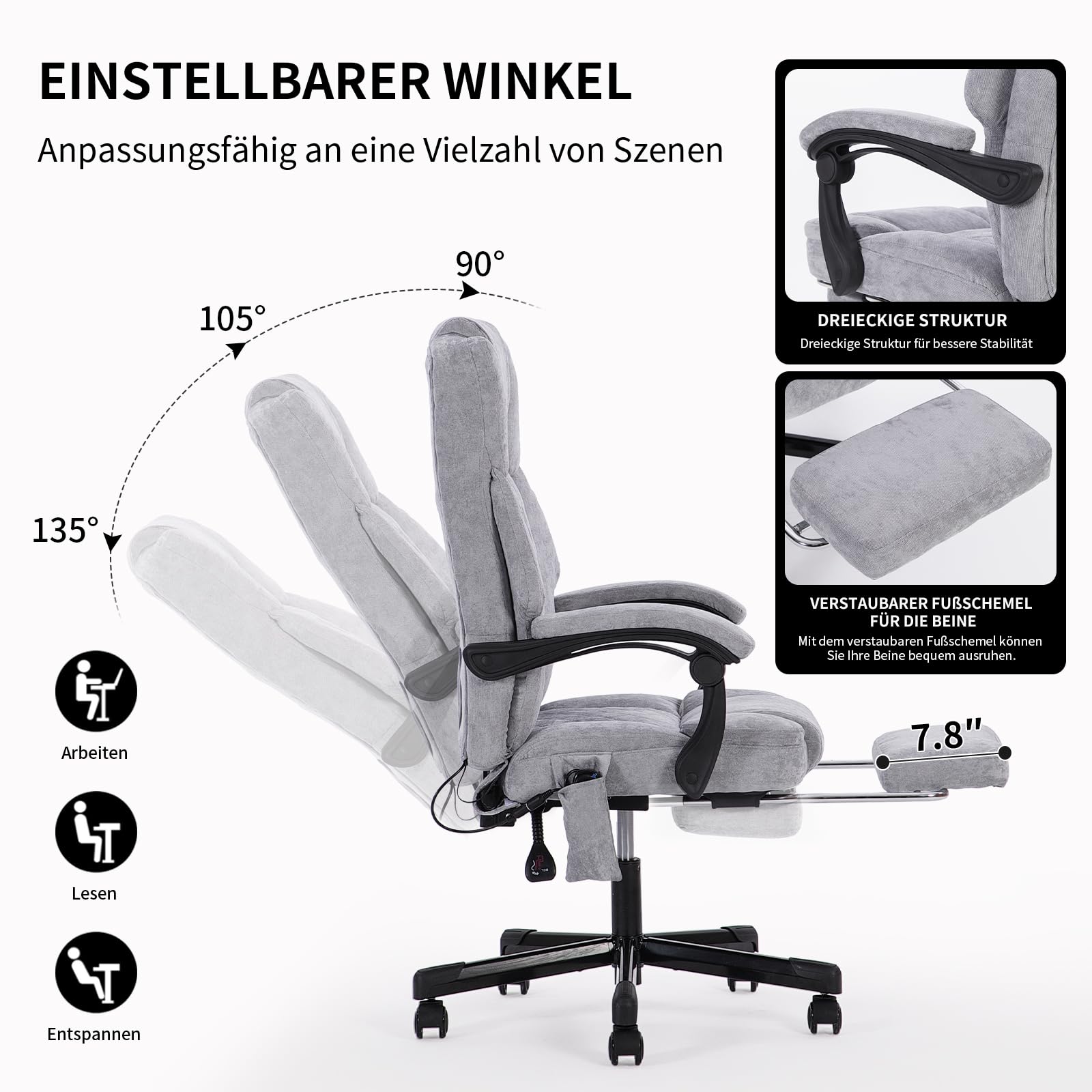 bürostuhl ergonomisch,Massage und Wärmesessel Stuhl, drehstuhl mit fußstütze, möbel für arbeitszimmer, pc Stuhl, chefsessel, Stoff (grau)