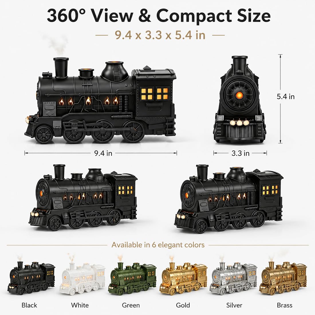 Diffuseur dhuiles essentielles Vintage en Forme de Train à Vapeur, 300 ML, à ultrasons, avec LED Bicolore, Deux Modes de brumisation et arrêt Automatique. Idéal pour la décoration de la Chambre, du