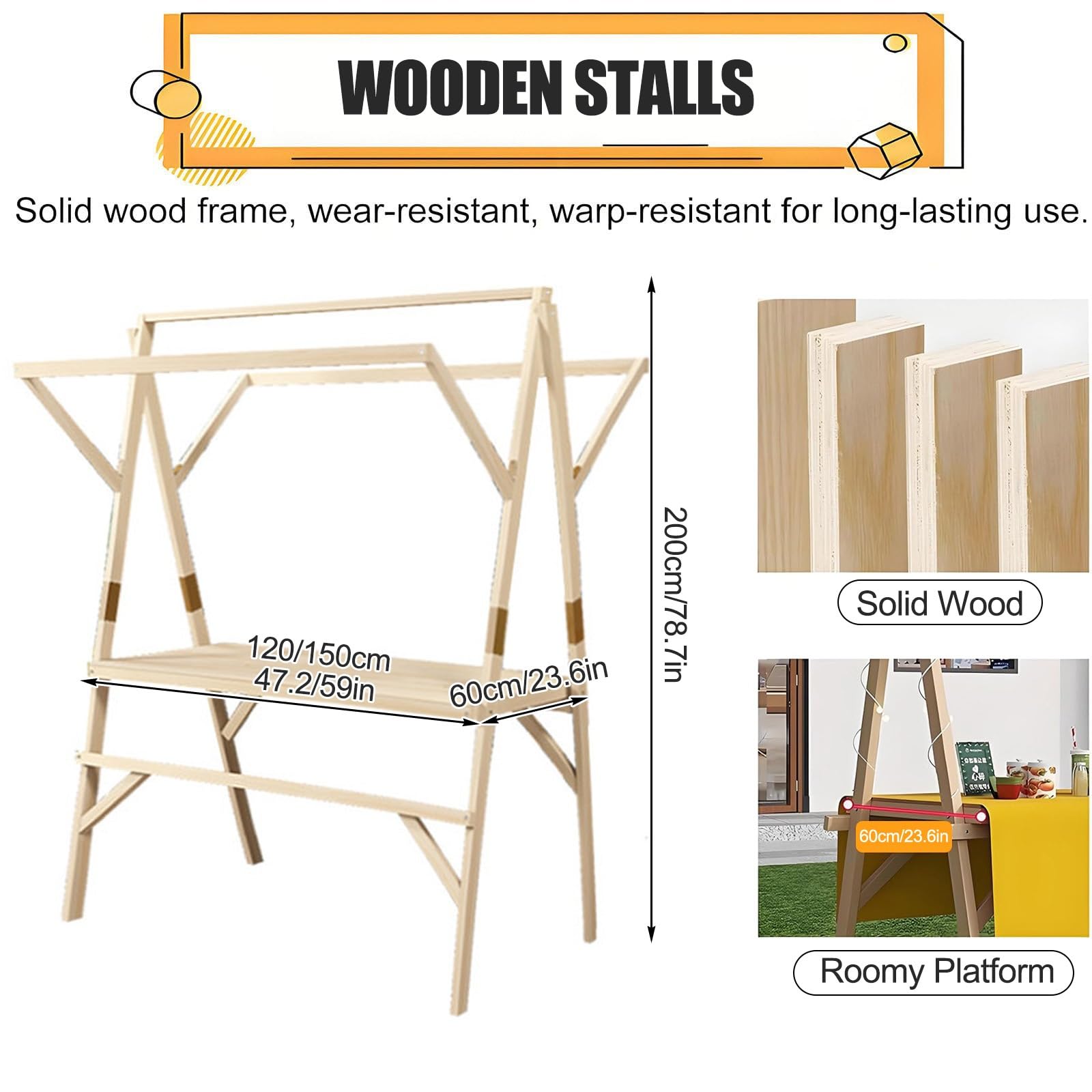 HARELA Marktstand Imbisswagen Marktstand-Display Aus Holz, Tragbarer Lebensmittelwagen für Straße/Bauern Markt, Multifunktionale Außenkonzessionsstand für Handwerksshows(White,150cm/59in)