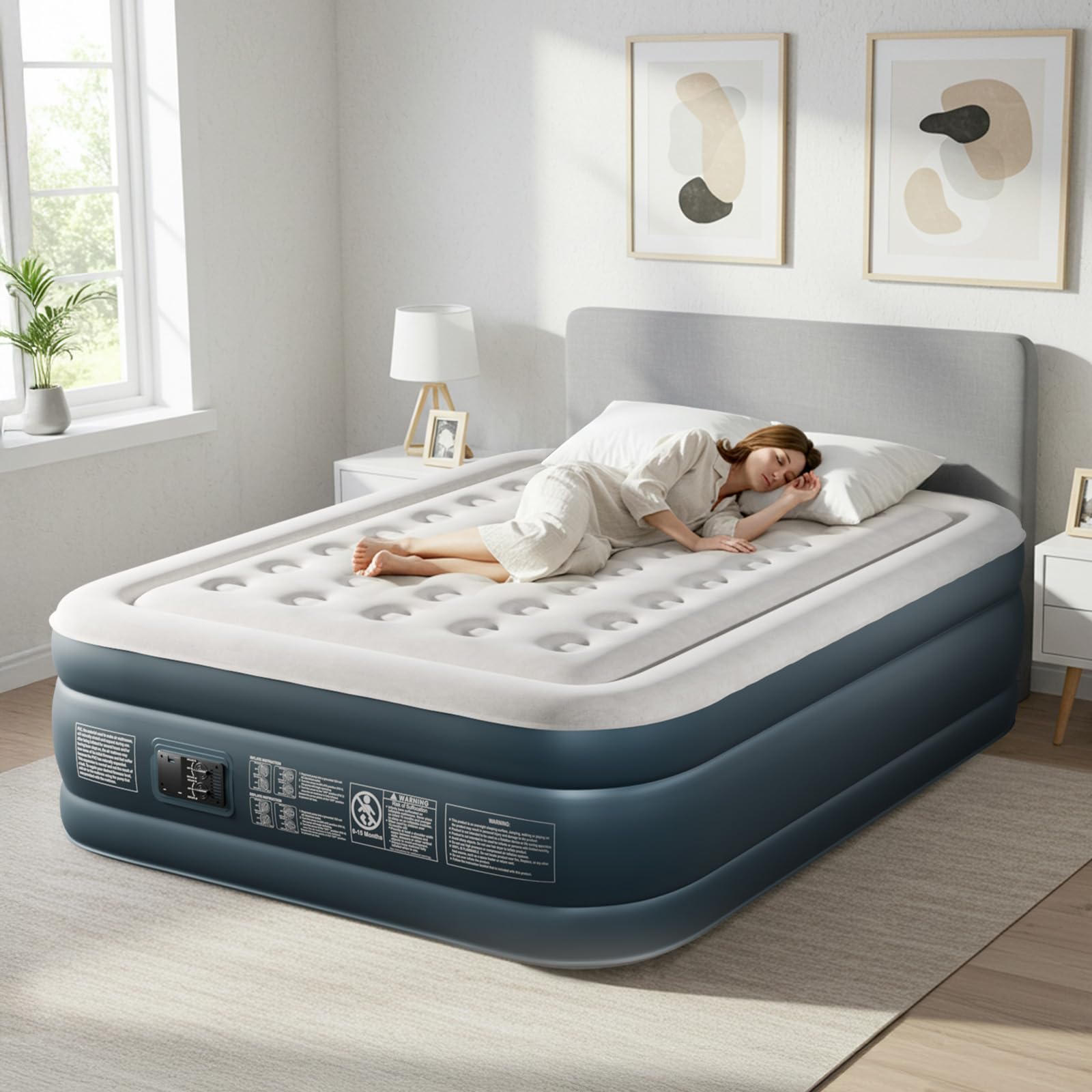 Bonnlo Matelas de Camping Pliable avec Pompe électrique, Matelas Gonflable Autogonflant avec Surface en Velours, pour 2 Personnes (Gris-Blanc et Gris Foncé, 203 x 152 x 45 cm)