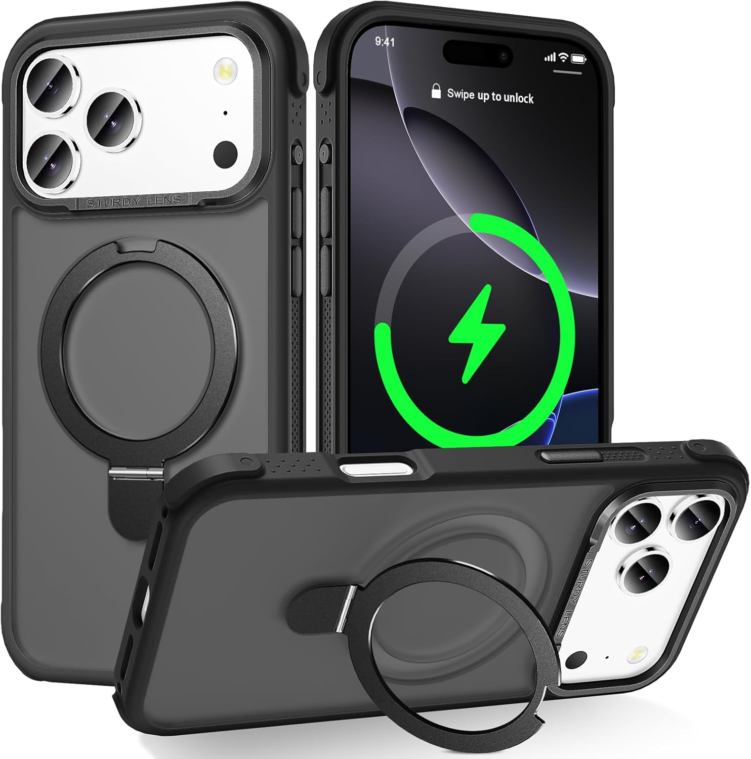 Designed for iPhone 17 Pro Case with Magnetic Stand, [Military Drop Protection][Great Grip Feeling] Matte Translucent Back Slim Shockproof Phone Cover for iPhone 17 Pro 6.3″, Black