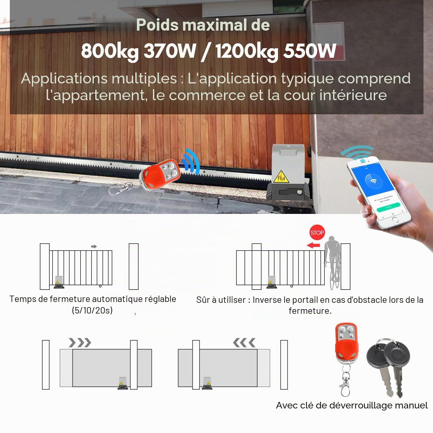 Moteur de portail coulissant 550W, entraînement de porte de garage jusqu'à 1200 kg, ensemble de moteur de portail coulissant avec télécommandes et fonction WLAN, entraînement