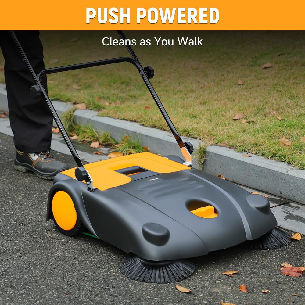 Person pushing Hoteche 28-Inch Manual Push Floor Sweeper