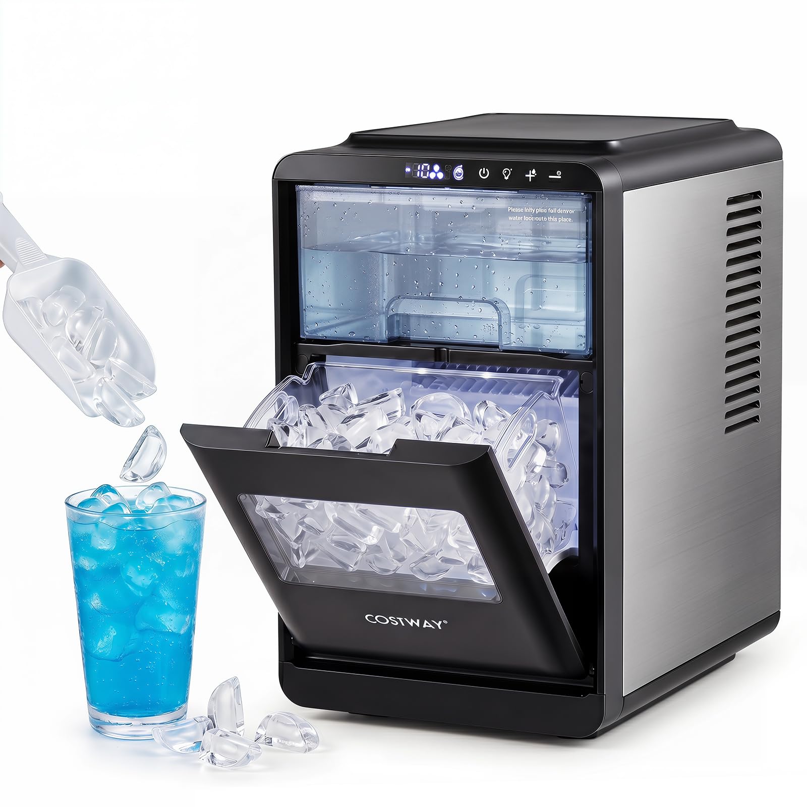 COSTWAY Macchina del Ghiaccio, Fabbricatore di Ghiaccio, 12 kg/24 H | Pannello, 1,8L Serbatoio dell'Acqua, , Pulizia Automatica, 11 Livelli Spessore Regolabile, per Cucina, Ufficio e Bar