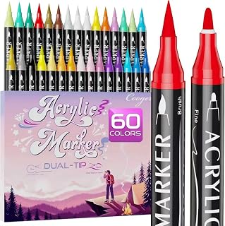 60 Colors Dual Tip Acrylic Paint Markers,Fine Tip and Brush Tip Permanent Acrylic Paint Pens For Rock Painting, Canvas, Wood, Glass, Ceramic, Fabric, Plastic, Egg, Scrapbook,Art Painting Supplies Kit