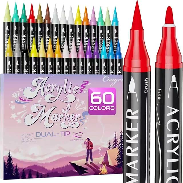 60 Colors Dual Tip Acrylic Paint Markers Fine Tip and Brush Tip Permanent Acrylic Paint Pens For Rock
