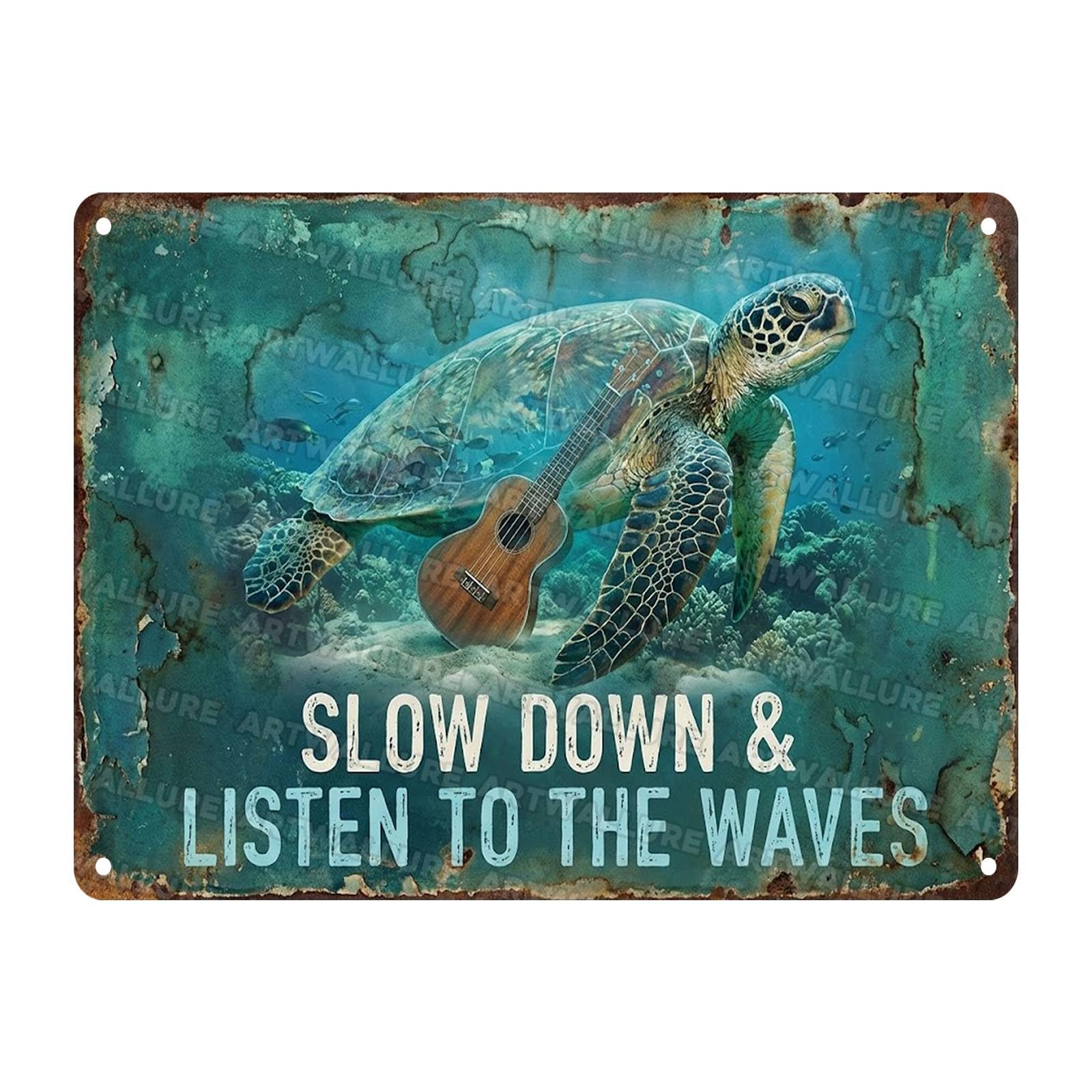 Metal Sign Blue Ocean Sea Turtle Vintage Tin Poster Slow Down And Listen To The Waves Decor for Bathroom Bedroom Living Room Home Office Decoration 12x16Inch