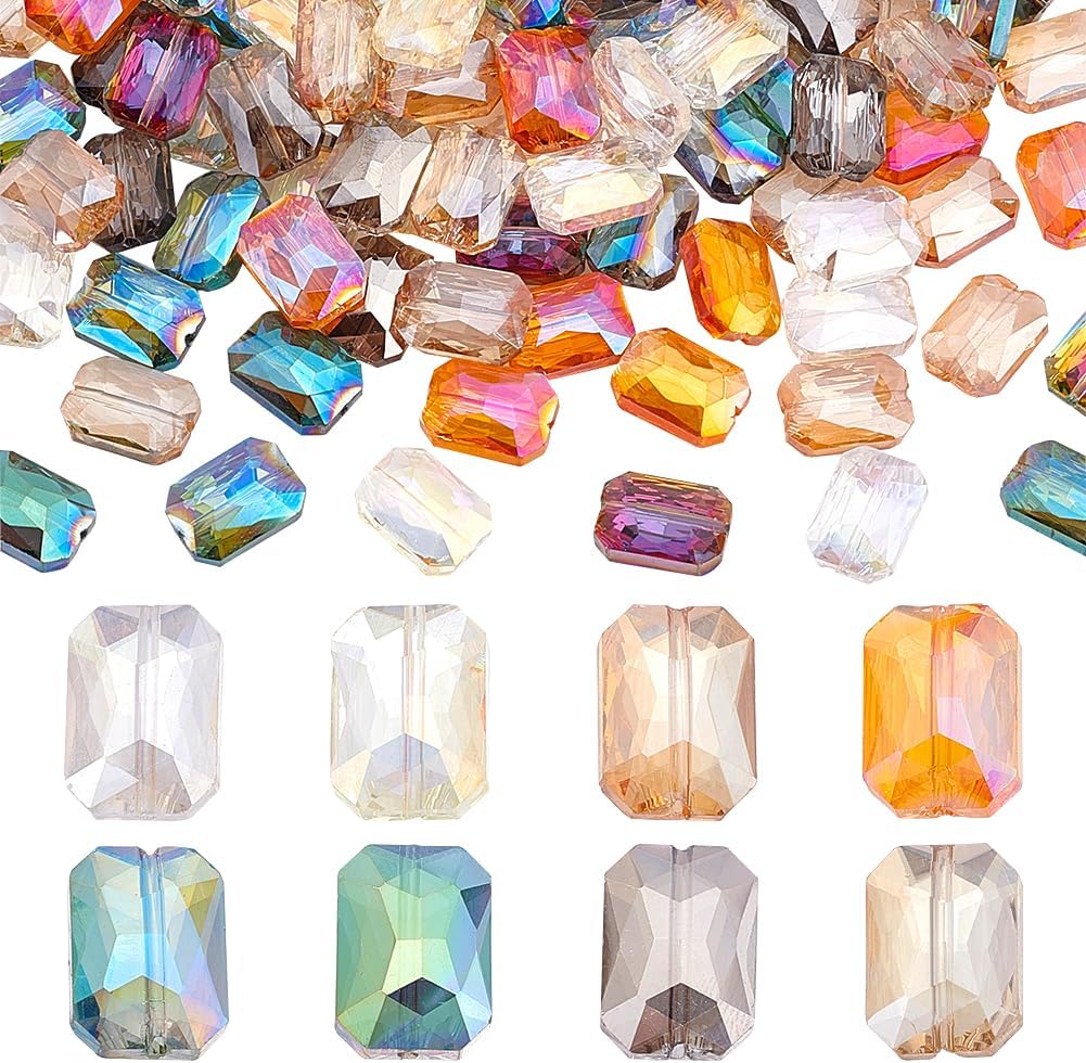 PH PandaHall 120pcs 8 Colors Faceted Glass Beads, 14x10mm Iridescence Flat Beads Rectangle Crystal Bead Large Loose Craft Spacer Bead for DIY Jewelry Bracelet Necklace Earring Keychain Making Crafts