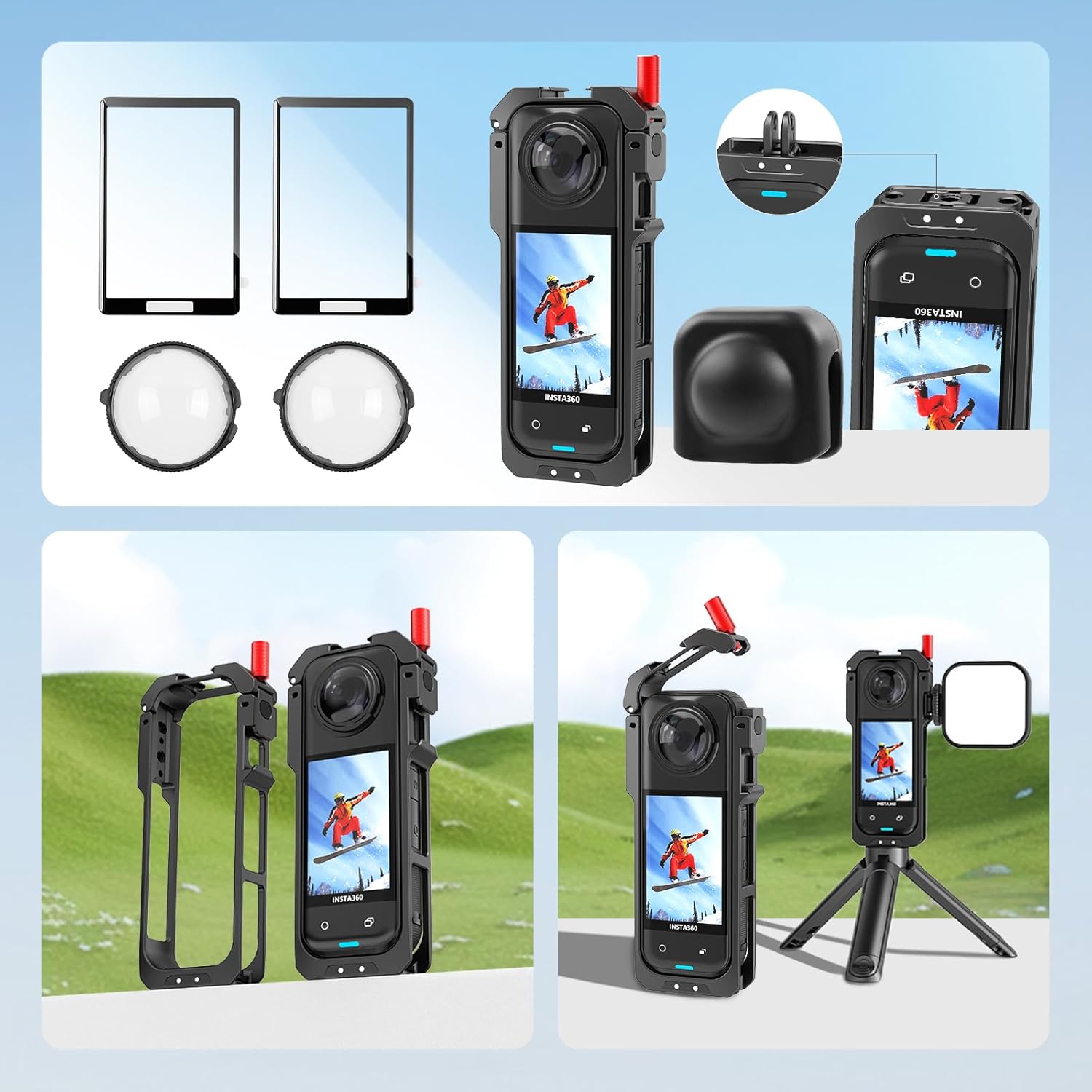 6-in-1 Accessories Kit for Insta360 X5, Included Insta 360 X5 Premium Lens Guard, Metal Protective Case, 2 Pack of Tempered Glass Film Screen Protector, Silicone Protective Cover Bundle Kit - Image 2