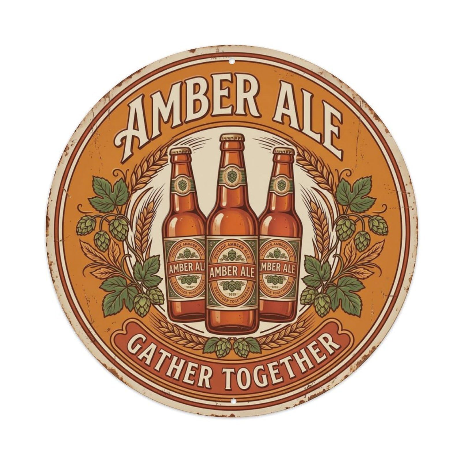 Amber Ale Gather Alehouse Beer Vintage Metal Tin Sign Plaque Wall Decor for Cafe, Club, Garden Round Metal Poster 8x8Inch