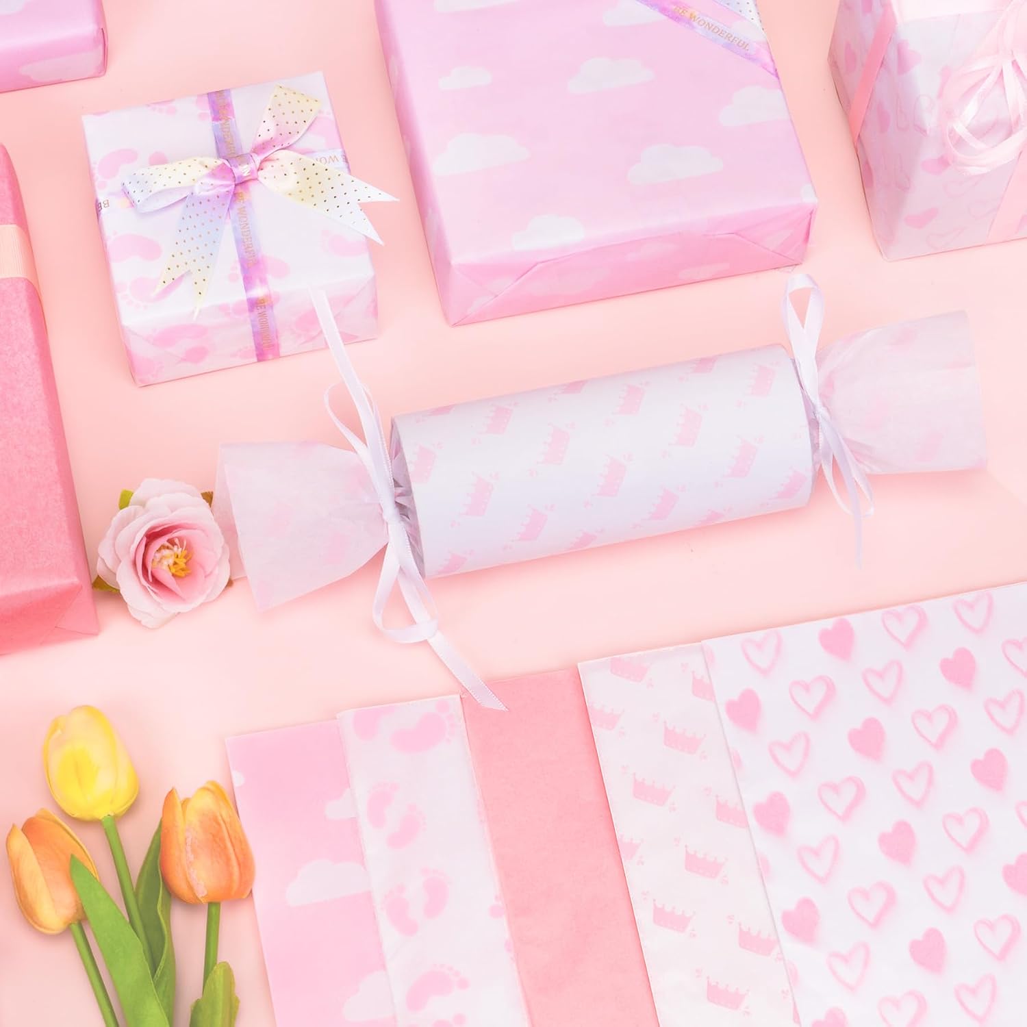 Larcenciel Tissue Paper, 50 Pcs Baby Feet Print Pink Tissue Paper for Gift Bags Gift Wrapping, Cute Baby Girl Design Tissue Paper Gift Wrap for Baby Shower, Birthday, Anniversary, Craft, 19.7x13.8in