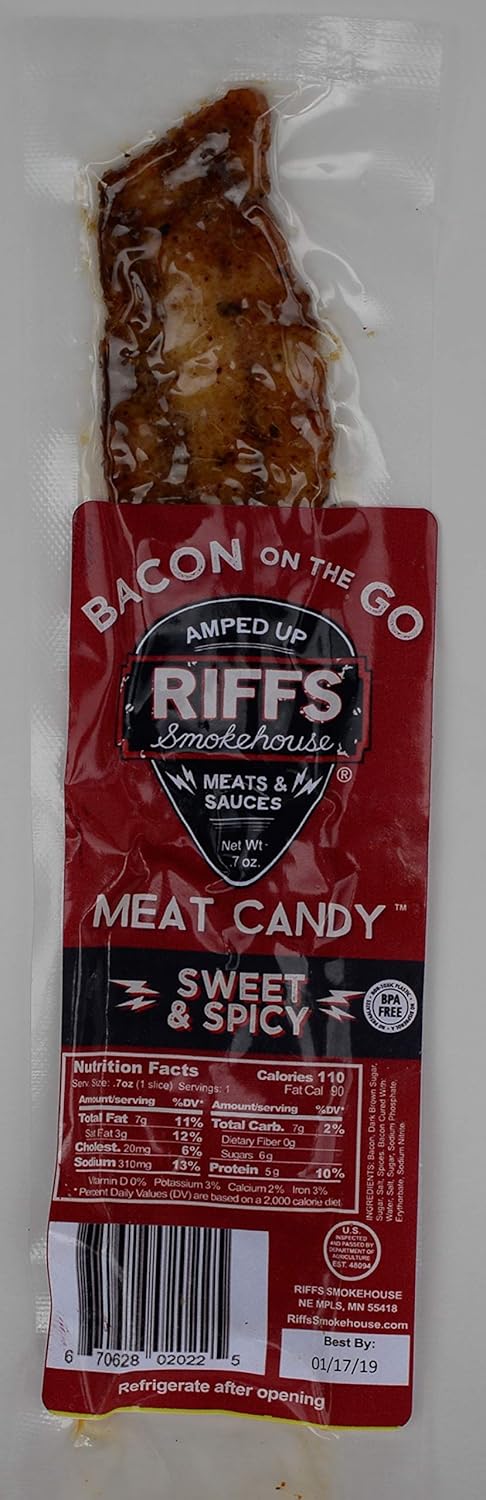 Bacon On The Go by Riffs Smokehouse - SWEET & SPICY - Pack of 12 Individually Sealed Strips of Bacon