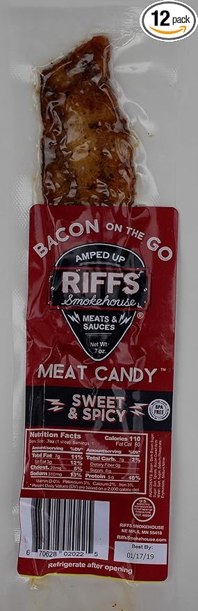 Bacon On The Go by Riffs Smokehouse - SWEET & SPICY - Pack of 12 Individually Sealed Strips of Bacon