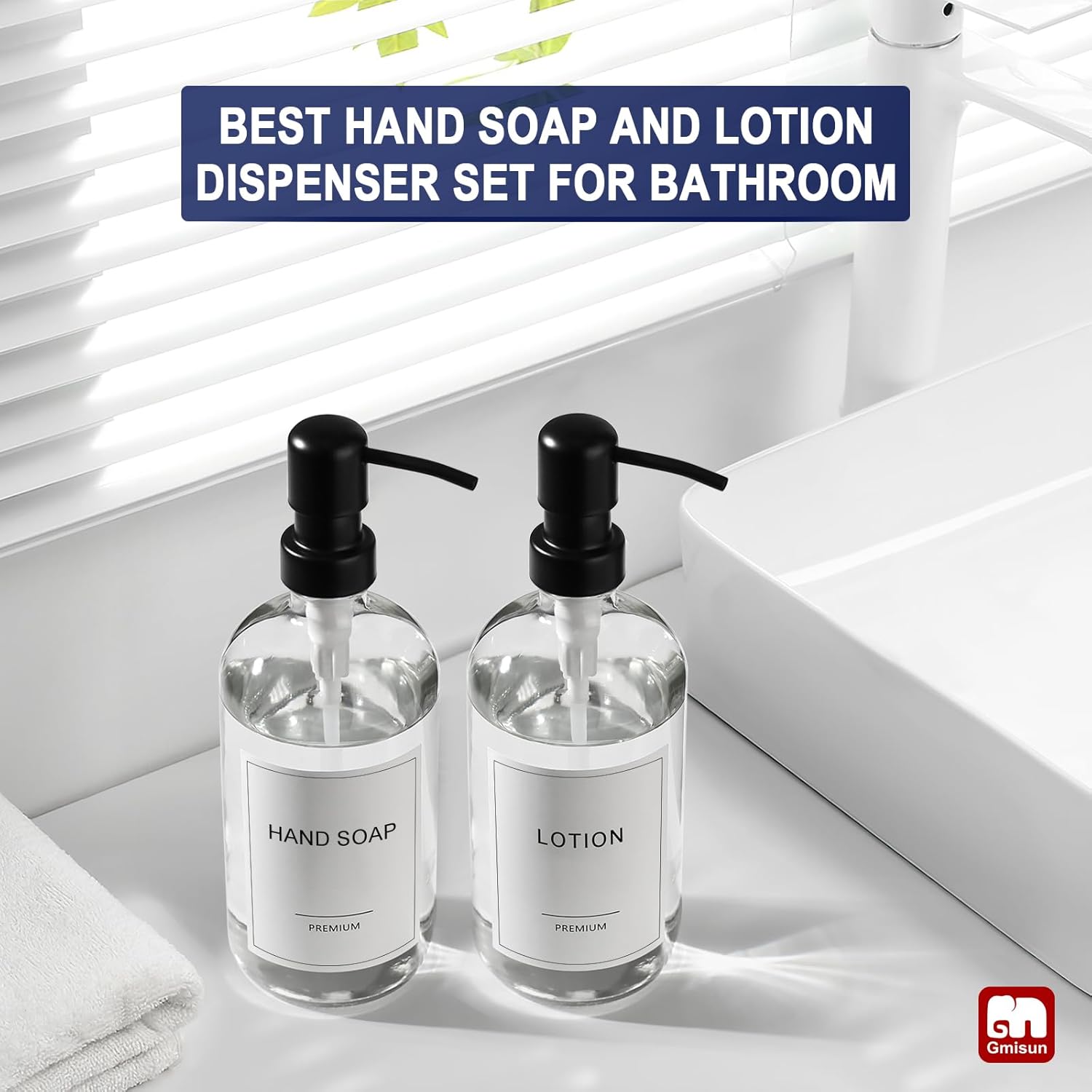 GMISUN Glass Soap Dispenser with Pump, 2 Pack Clear Bathroom Hand Soap Dispenser with Stainless Steel Pump, 17 Fl Oz Refillable Kitchen Hand and Dish Soap Dispensers Set, Modern Liquid Pump Bottles - Image 5