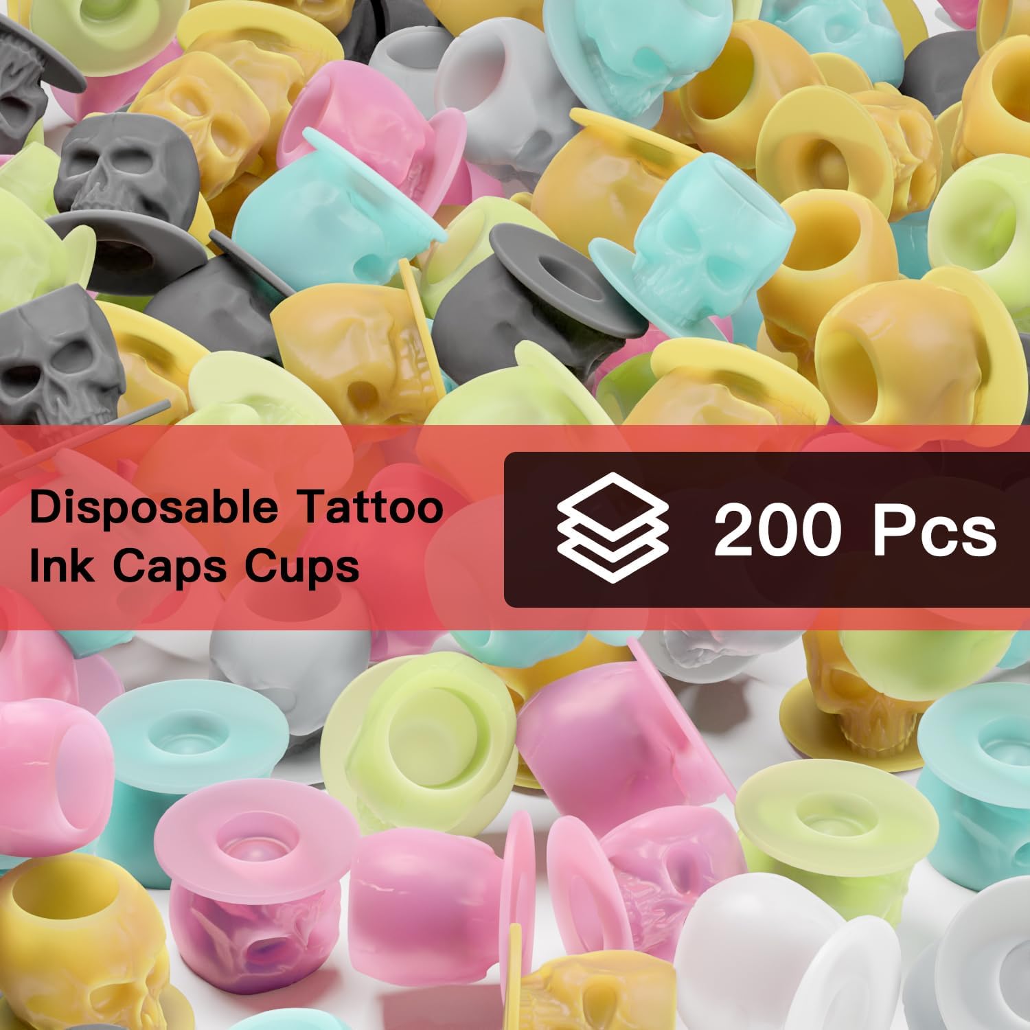 Tattoo Ink Cups with Stable Base and 200pcs Tattoo Ink Cup Skull Disposable Silicone Tattoo Pigment Cup Mix Color