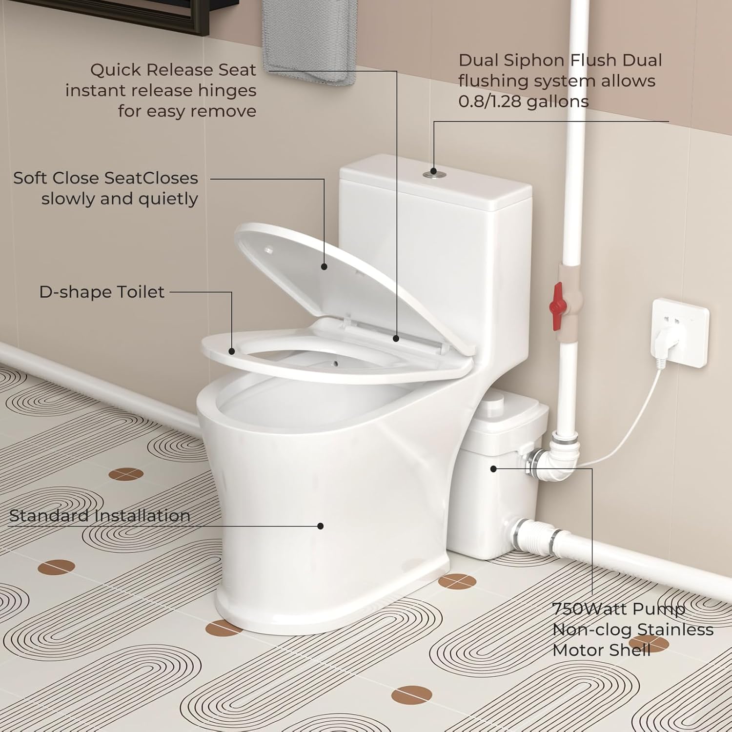 750PRO Upgrade Macerating Toilet System with Pump Combo for Basement Upflush, One-Piece Full Skirted Toilet, Sewarege Pump for Sink/Shower/Washer Waste Water Disposal, 35ft Lifting, Copper Motor