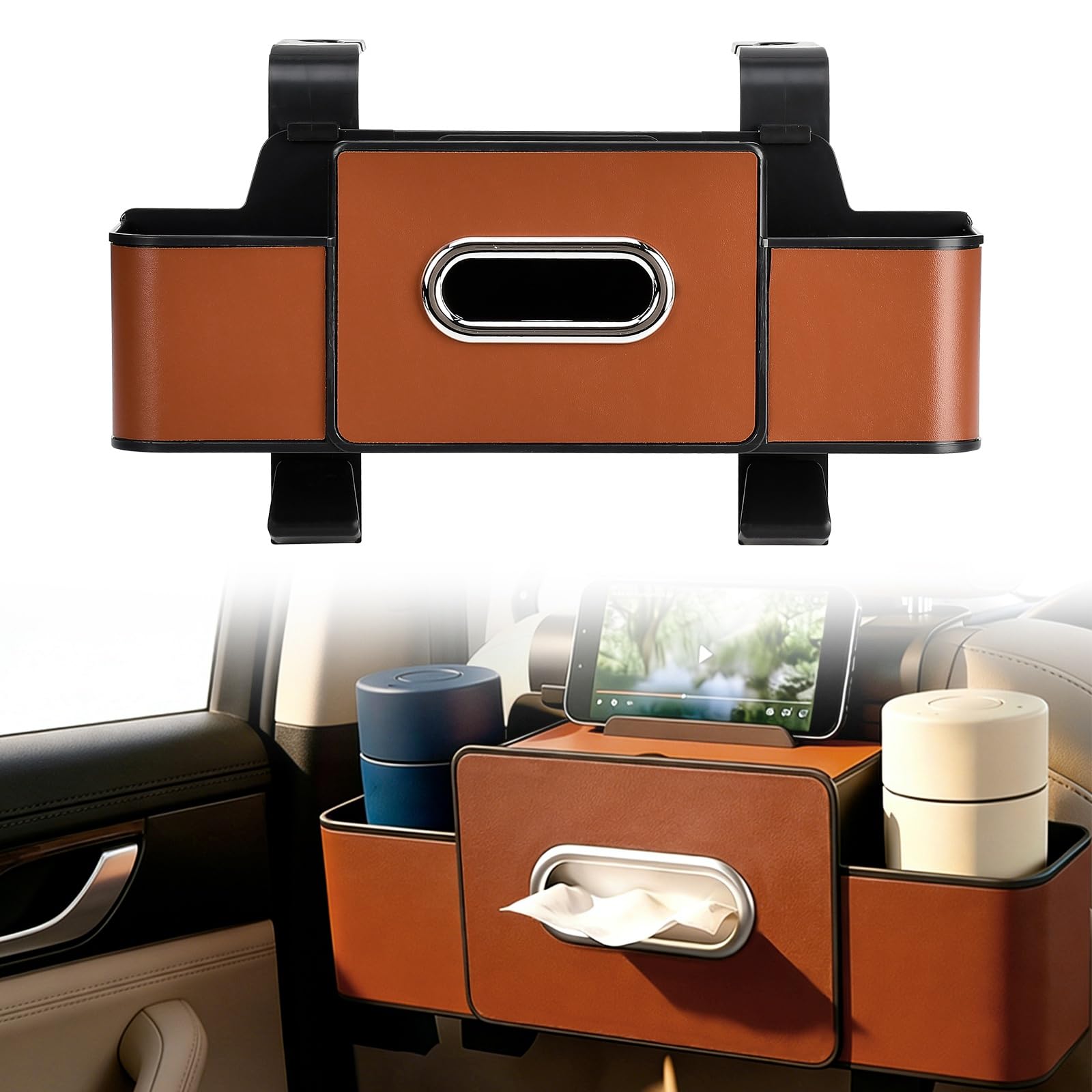 JSCARLIFE 3-in-1 Car Backseat Organizer with Cup Holder & Trash Bin,Multifunctional Seat Storage for Phones,Snacks & Handbags –Tissue Box & Hooks Included (Brown)