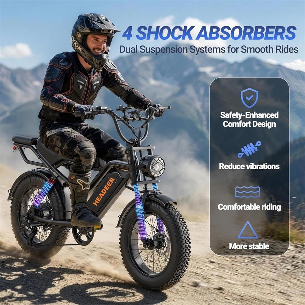 BK20 Bicicletta elettrica per adulti, batteria rimovibile da 48 V e 20 Ah, pneumatici larghi 20 x 4,0 pollici, autonomia 50-100 km, doppio freno a disco, sospensioni complete, 7 marce