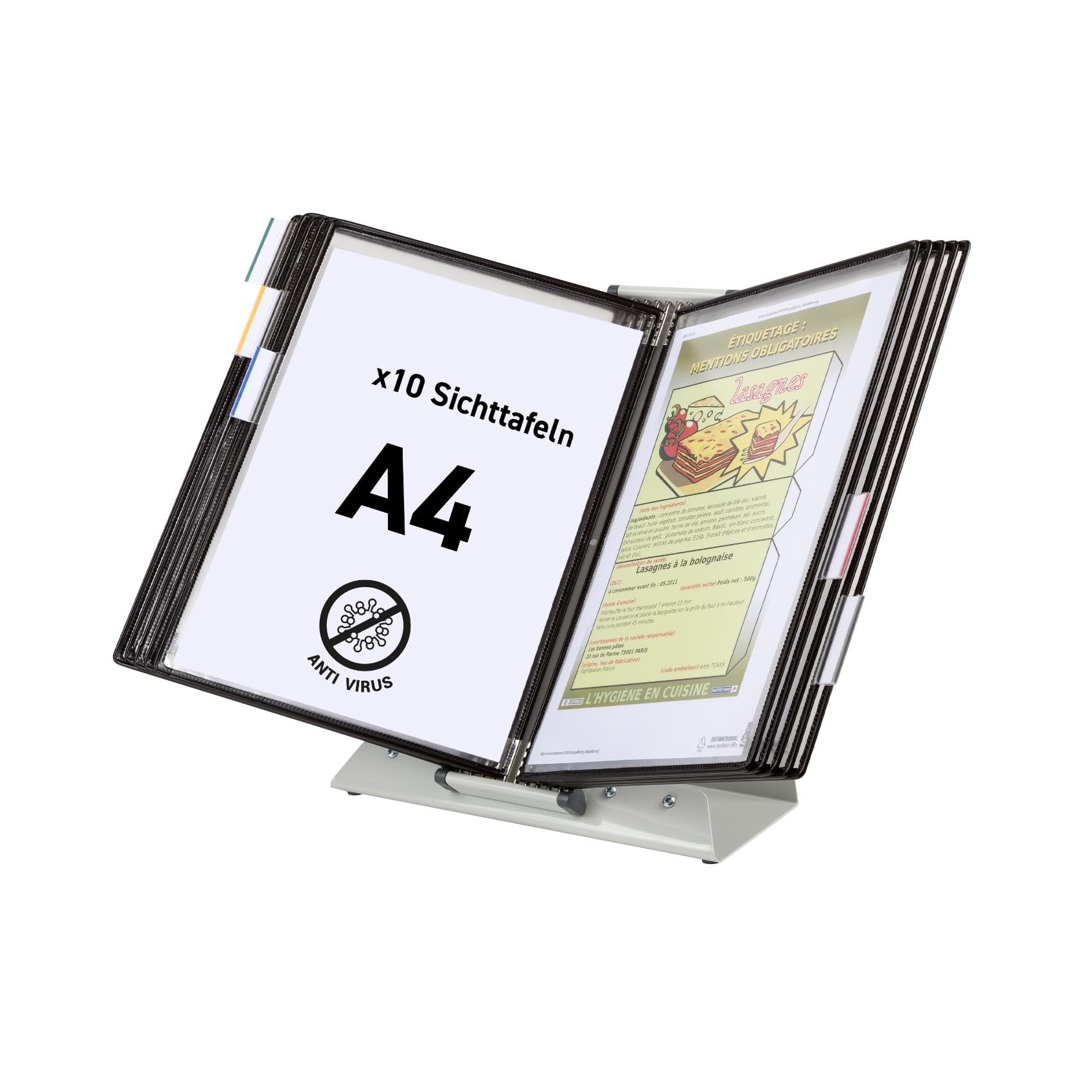 Djois, 434157 - Antimikrobielles Tisch-Präsentationssystem A4 mit 10 antireflex Sichttafeln, Sterifold PVC mit Silberionen, für Gesundheit, Labor, HORECA und Empfang - Schwarz