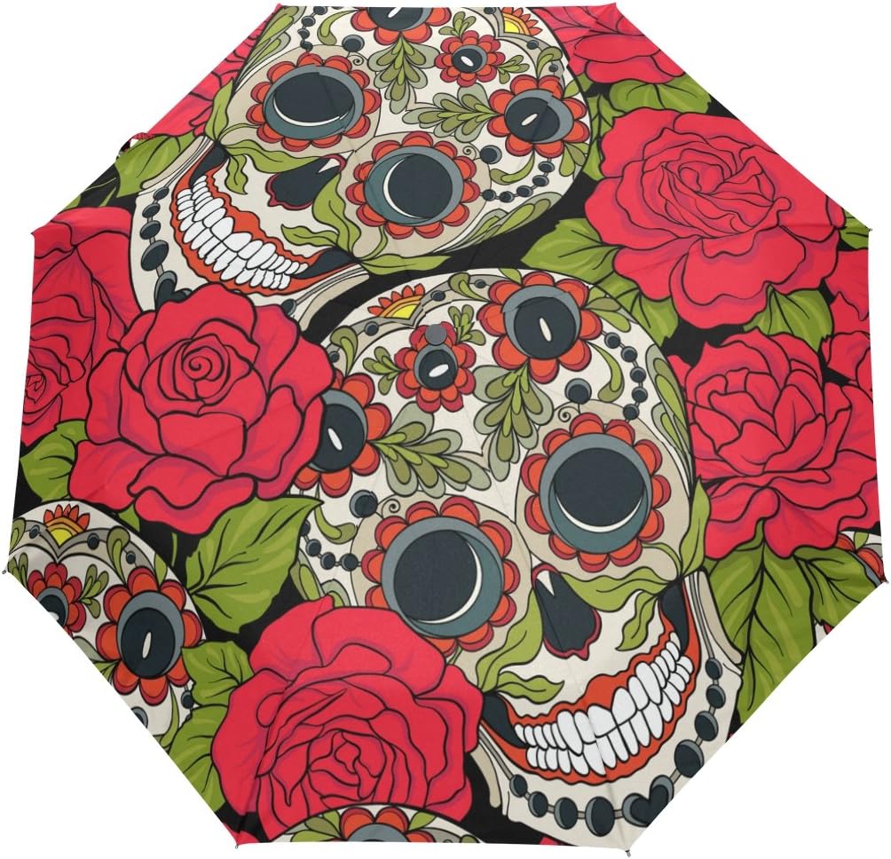NaanleSugar Skull Red Rose Auto Open Close Foldable Windproof Travel Umbrella