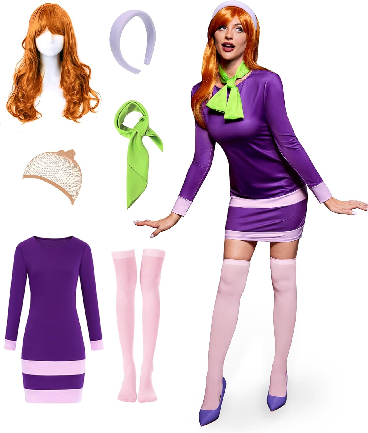 For G and PL 6 Pcs Women Halloween Costume Sets Purple Long Sleeve Party Mini Dress with Headband Scarf XS-2XL