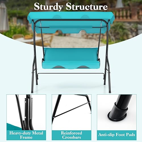 Miniatura 5 de Columpio de porche al aire libre, columpio de patio para 3 personas con cojín extraíble, soporte y toldo ajustable, silla columpio resistente para