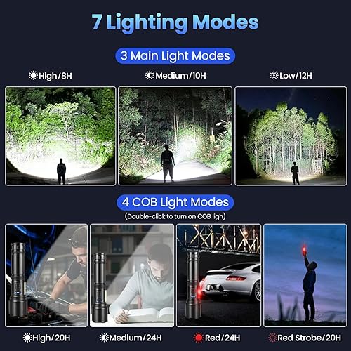 Miniatura 3 de Paquete de 2 linternas LED recargables de alto lúmenes, 990000 lm, linterna súper brillante, luz de flash potente ajustable con luz COB y 7 modos,